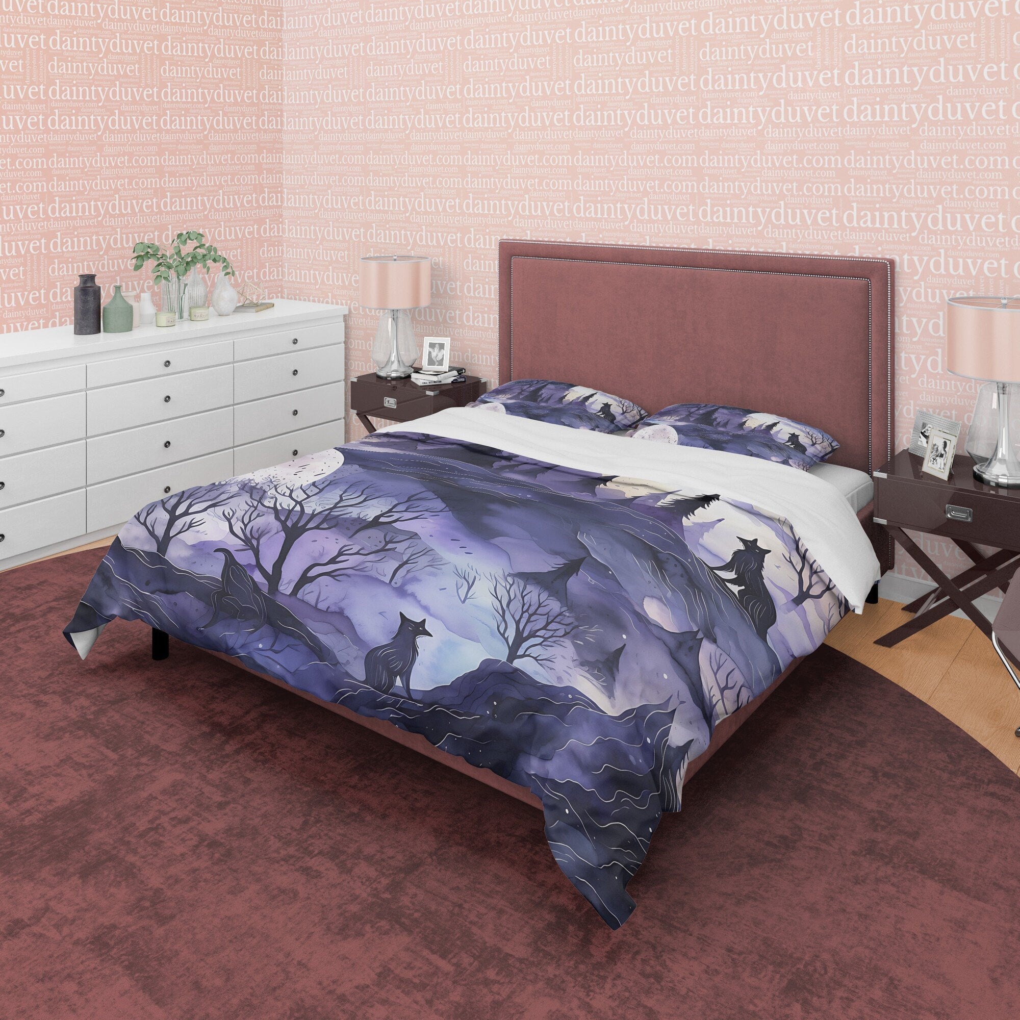 Full Moon Scary Midnight Duvet Cover Set, Haunted Forest Quilt Cover Aesthetic Zipper Bedding, Halloween Room Decor, Purple Blanket Cover