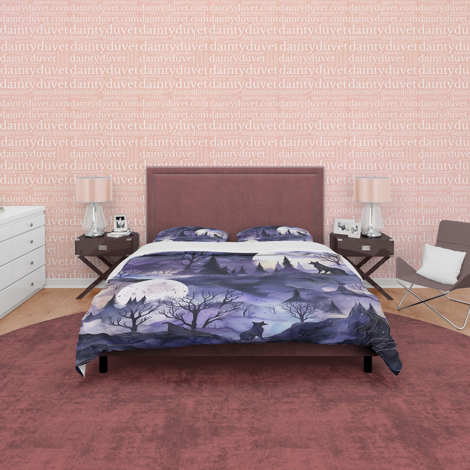 Full Moon Scary Midnight Duvet Cover Set, Haunted Forest Quilt Cover Aesthetic Zipper Bedding, Halloween Room Decor, Purple Blanket Cover