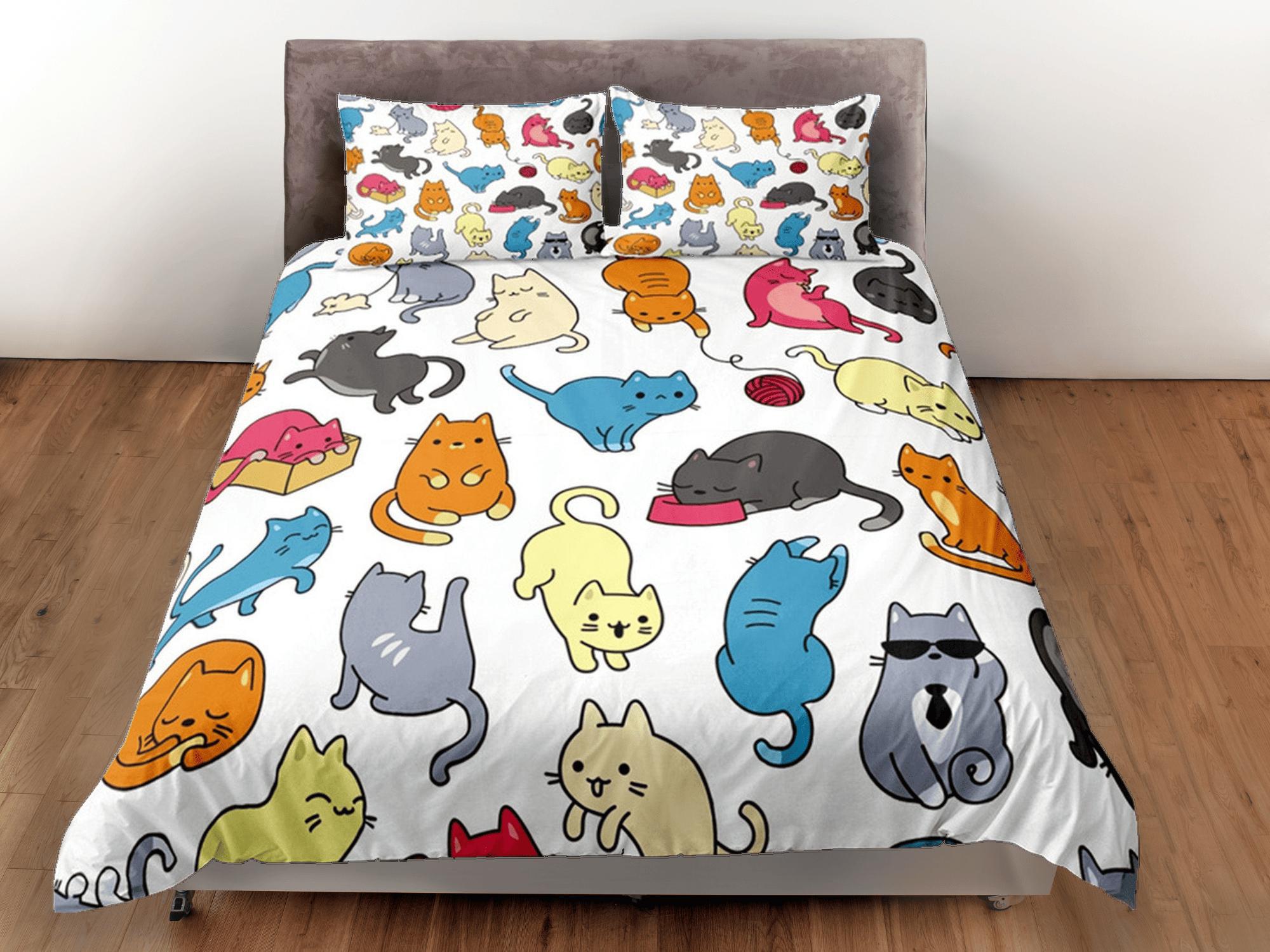daintyduvet Funny Cats Duvet Cover Set Cute Bedspread, Colorful Kids Bedding Pillowcase Comforter Cover