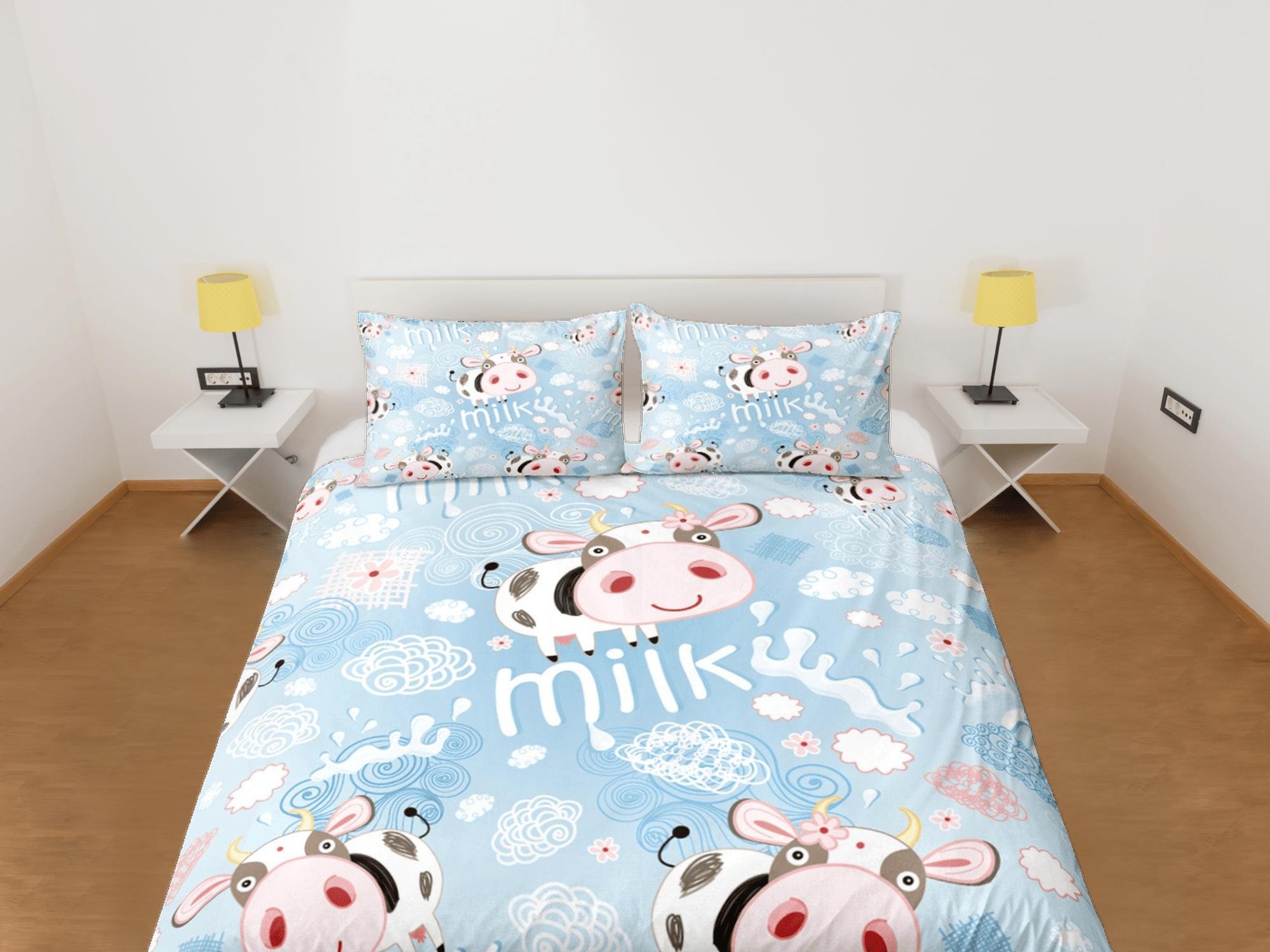 daintyduvet Funny Cow Blue Duvet Cover Set Colorful Bedspread, Kids Full Bedding Set with Pillowcase, Comforter Cover Twin