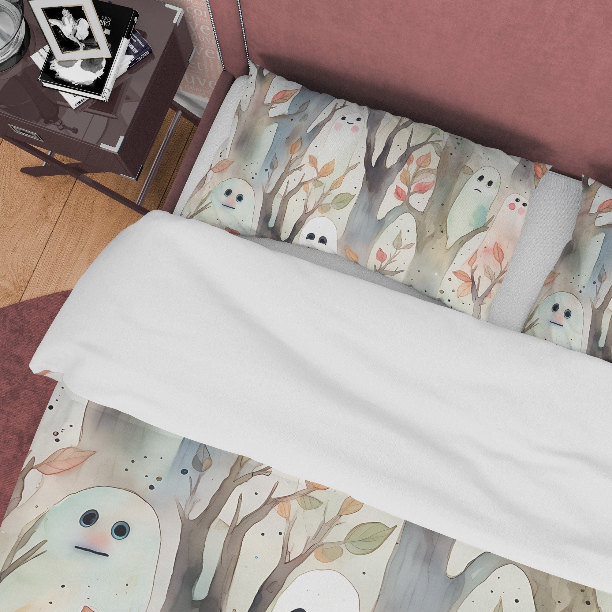 Funny Ghost Duvet Cover Set, Enchanted Forest Aesthetic Zipper Bedding, Halloween Room Decor, White Blanket Cover, Child Bedroom Quilt Cover