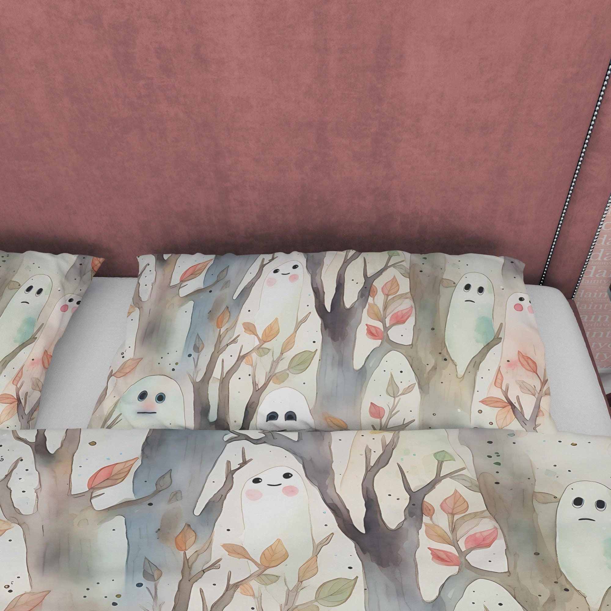 Funny Ghost Duvet Cover Set, Enchanted Forest Aesthetic Zipper Bedding, Halloween Room Decor, White Blanket Cover, Child Bedroom Quilt Cover