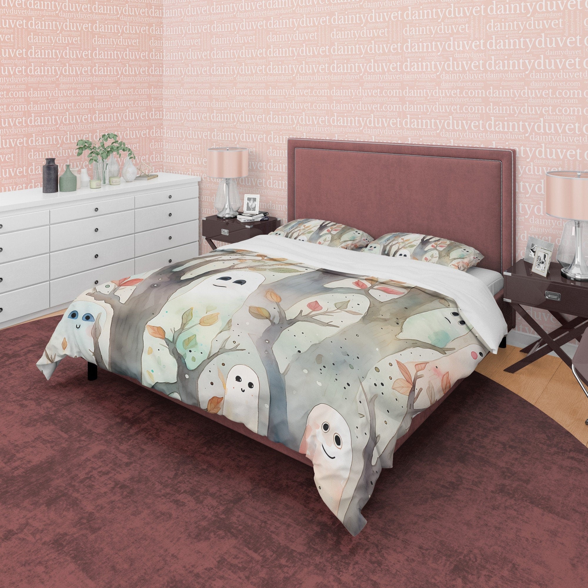 Funny Ghost Duvet Cover Set, Enchanted Forest Aesthetic Zipper Bedding, Halloween Room Decor, White Blanket Cover, Child Bedroom Quilt Cover