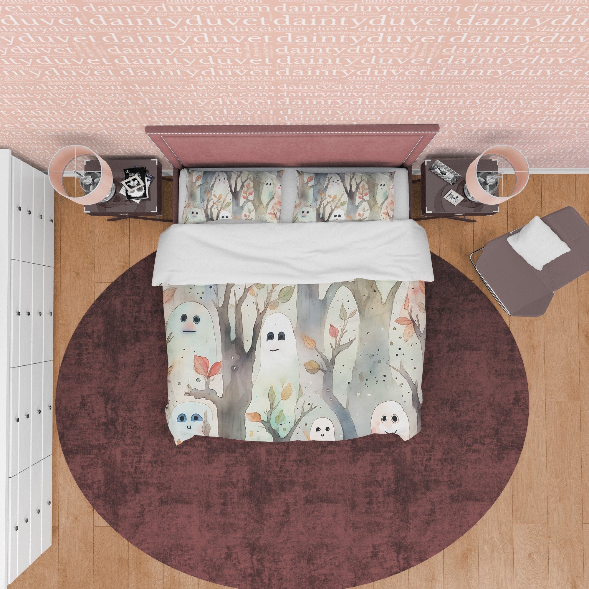 Funny Ghost Duvet Cover Set, Enchanted Forest Aesthetic Zipper Bedding, Halloween Room Decor, White Blanket Cover, Child Bedroom Quilt Cover