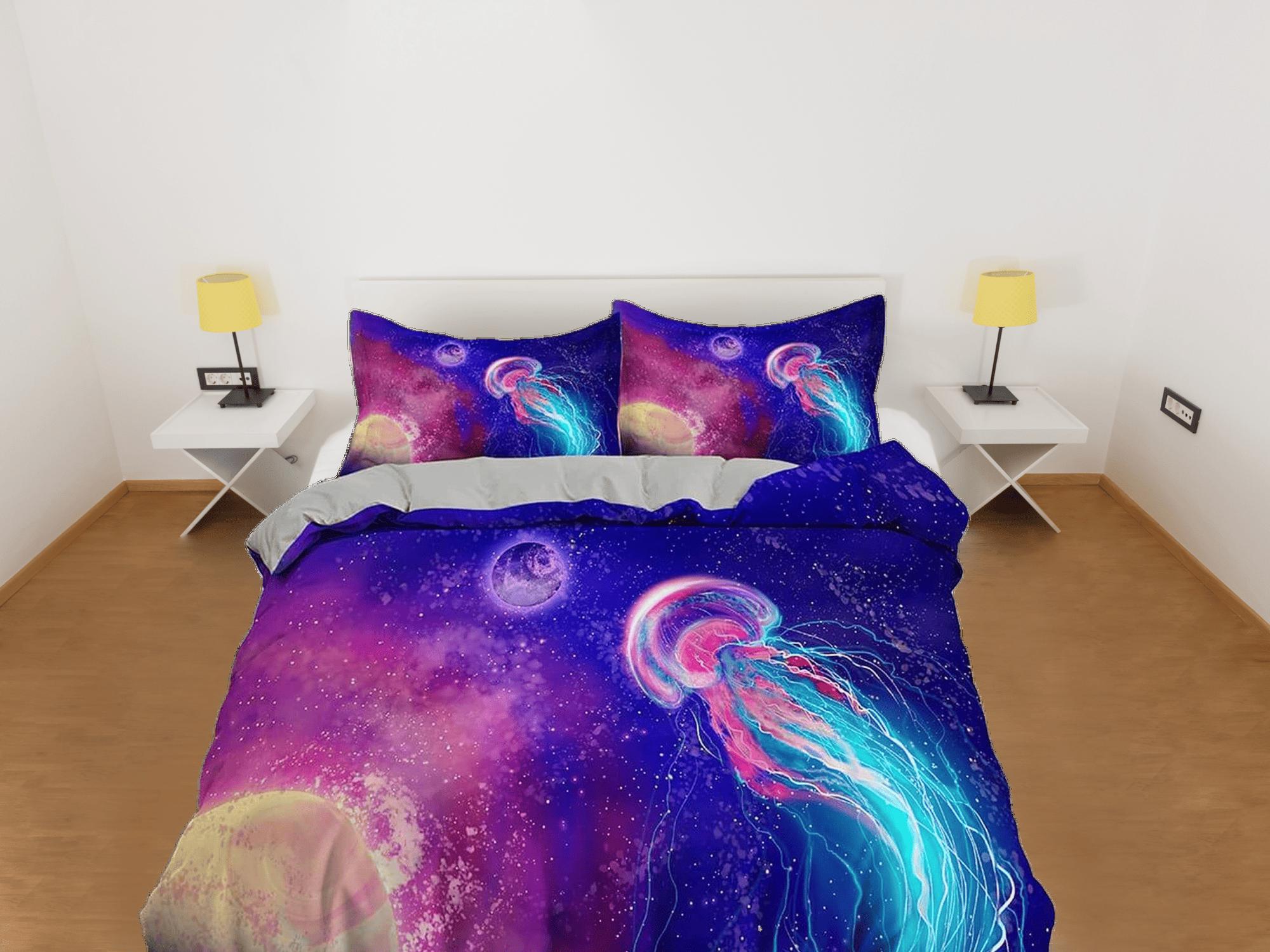 daintyduvet Galaxy jellyfish bedding colorful duvet cover, ocean blush sea animal bedding set full king queen twin crib toddler, dorm bedding gift
