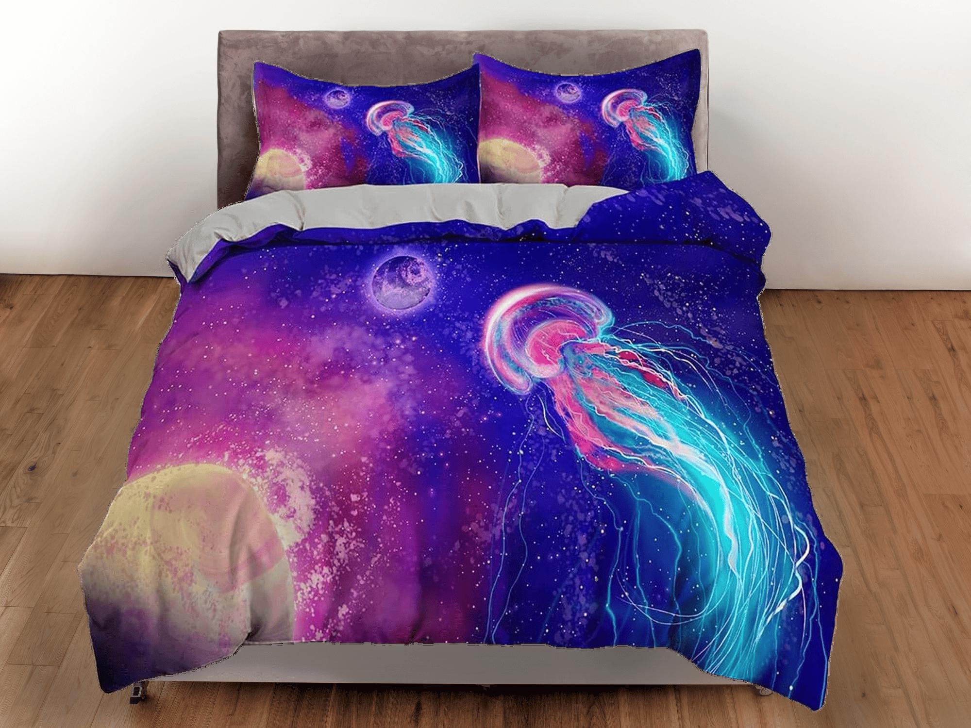 daintyduvet Galaxy jellyfish bedding colorful duvet cover, ocean blush sea animal bedding set full king queen twin crib toddler, dorm bedding gift