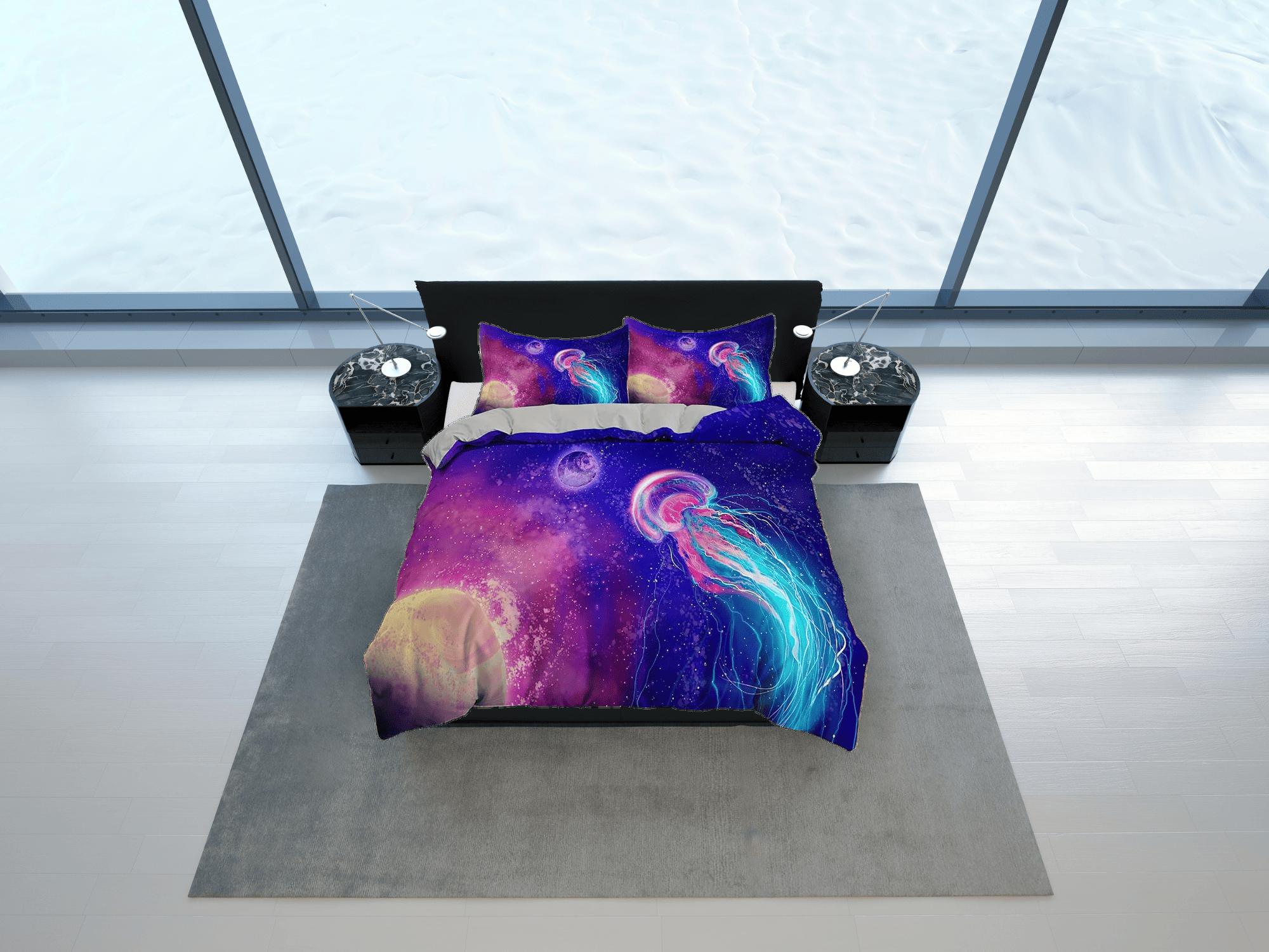 daintyduvet Galaxy jellyfish bedding colorful duvet cover, ocean blush sea animal bedding set full king queen twin crib toddler, dorm bedding gift