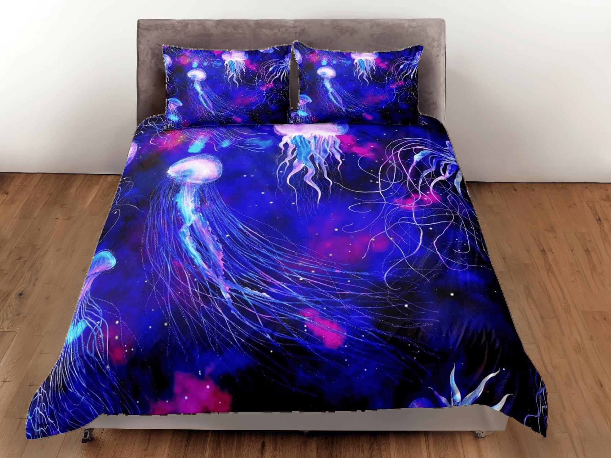 daintyduvet Galaxy jellyfish bedding purple duvet cover, ocean blush sea animal bedding set full king queen twin crib toddler, college dorm bedding gift