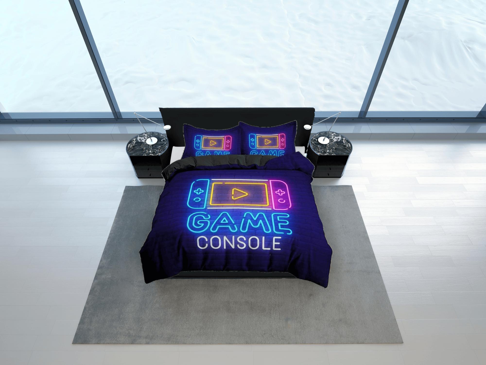 daintyduvet Game console neon lights bedding blue duvet cover, video gamer boyfriend gift bedding set full king queen twin, boys bedroom, dorm bedding