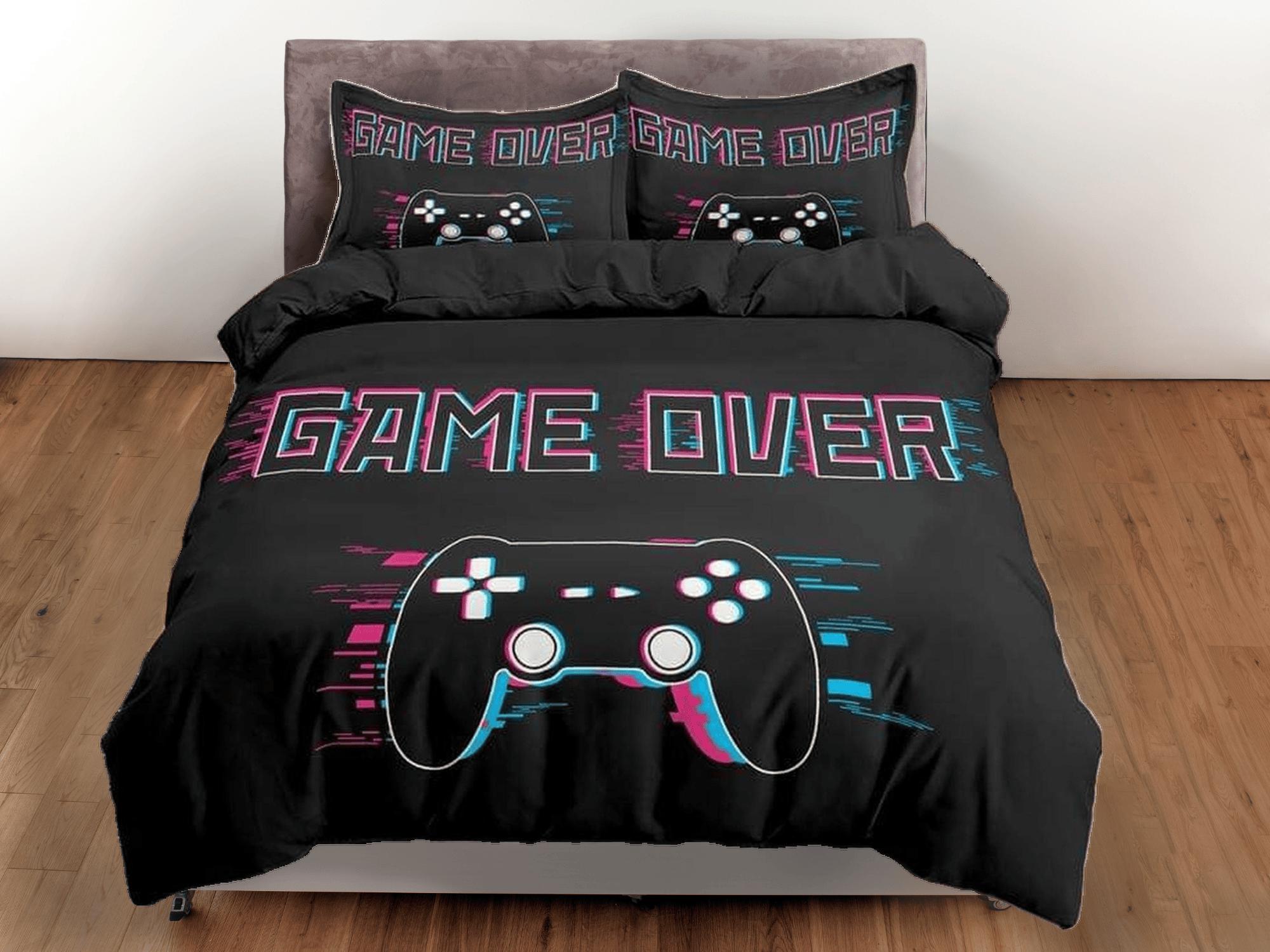 daintyduvet Game over gamer bedding black duvet cover, video gamer boyfriend gift bedding set full king queen twin, boys bedroom, college dorm bedding