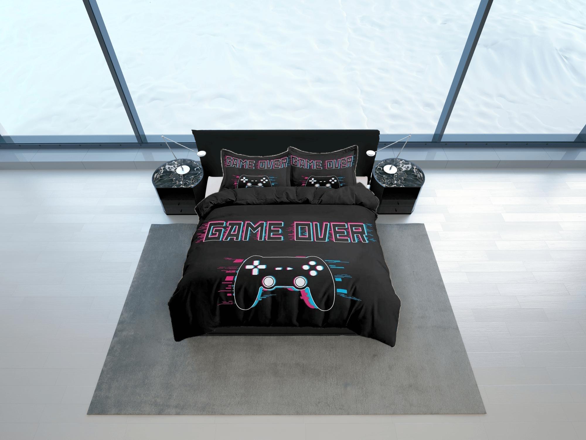 daintyduvet Game over gamer bedding black duvet cover, video gamer boyfriend gift bedding set full king queen twin, boys bedroom, college dorm bedding