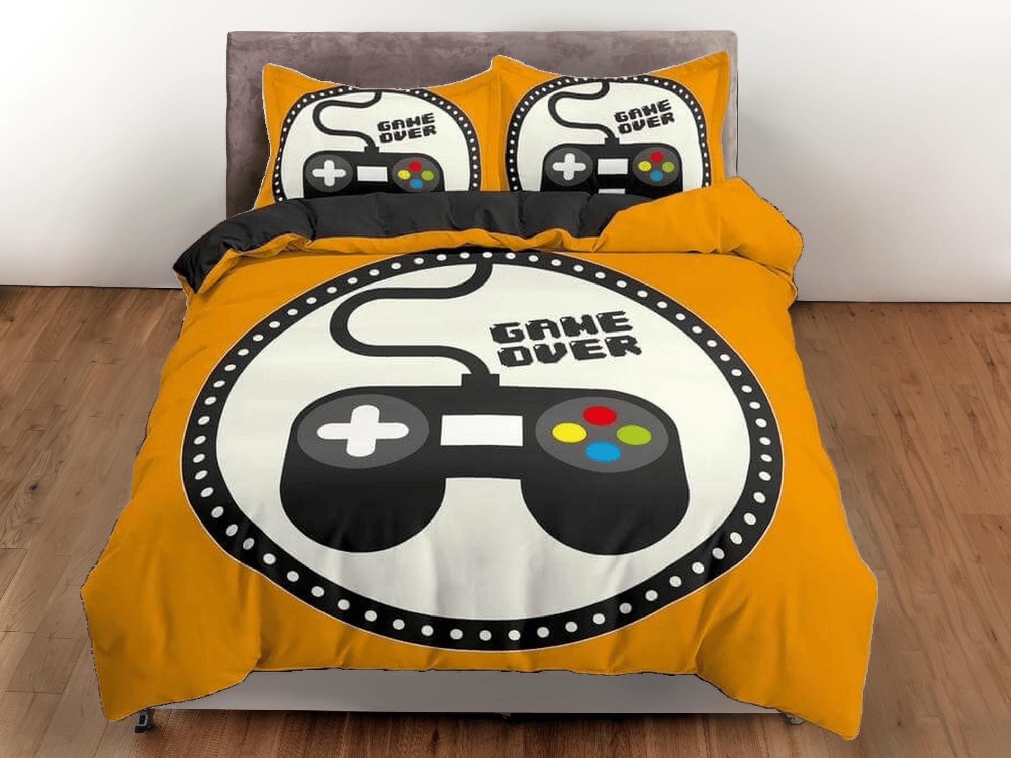 daintyduvet Game over gamer bedding yellow orange duvet cover, video gamer boyfriend gift bedding set full king queen twin, boys bedroom, dorm bedding