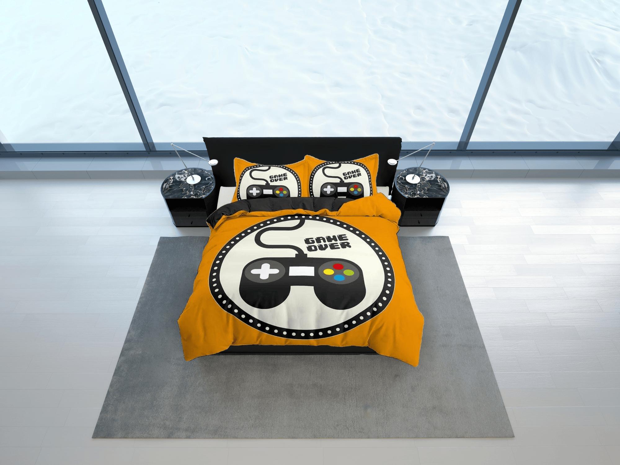 daintyduvet Game over gamer bedding yellow orange duvet cover, video gamer boyfriend gift bedding set full king queen twin, boys bedroom, dorm bedding
