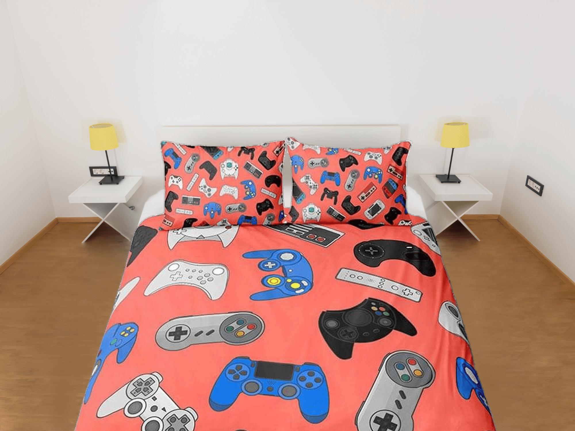 daintyduvet Gamer bedding coral pink duvet cover, video gamer boyfriend gift bedding set full king queen twin, boys bedroom, college dorm bedding