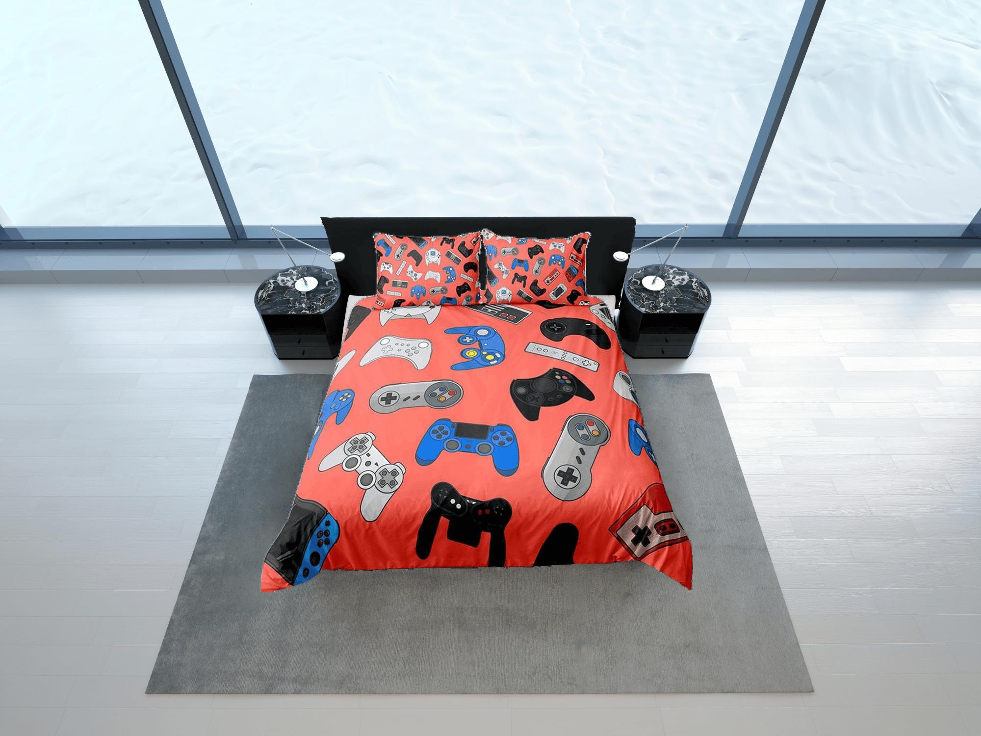 daintyduvet Gamer bedding coral pink duvet cover, video gamer boyfriend gift bedding set full king queen twin, boys bedroom, college dorm bedding