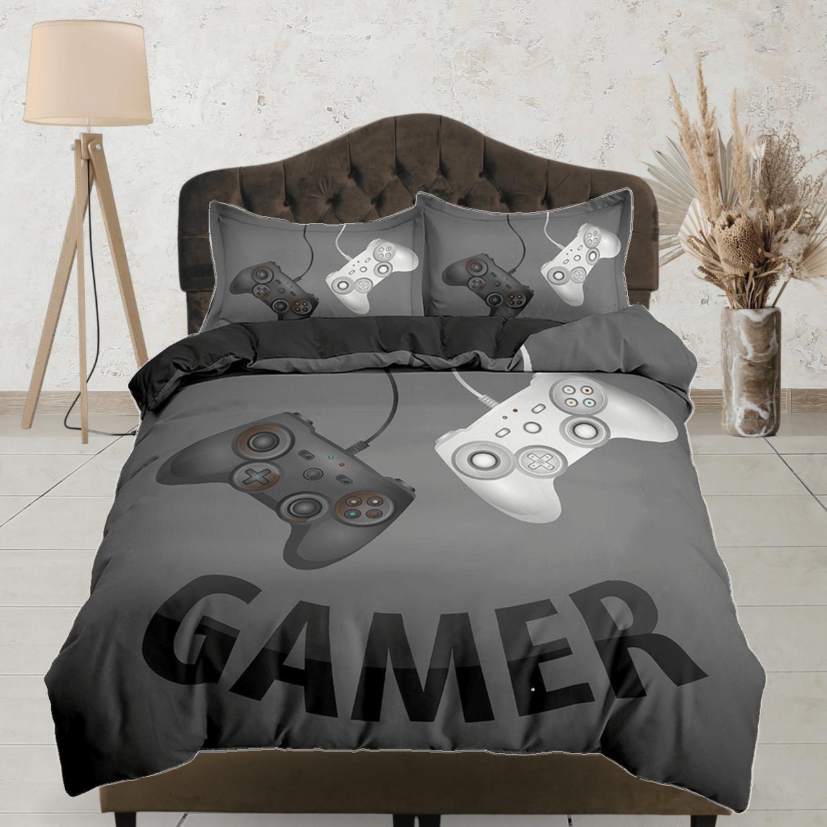 daintyduvet Gamer bedding dark grey duvet cover, video gamer boyfriend gift bedding set full king queen twin, boys bedroom, college dorm bedding