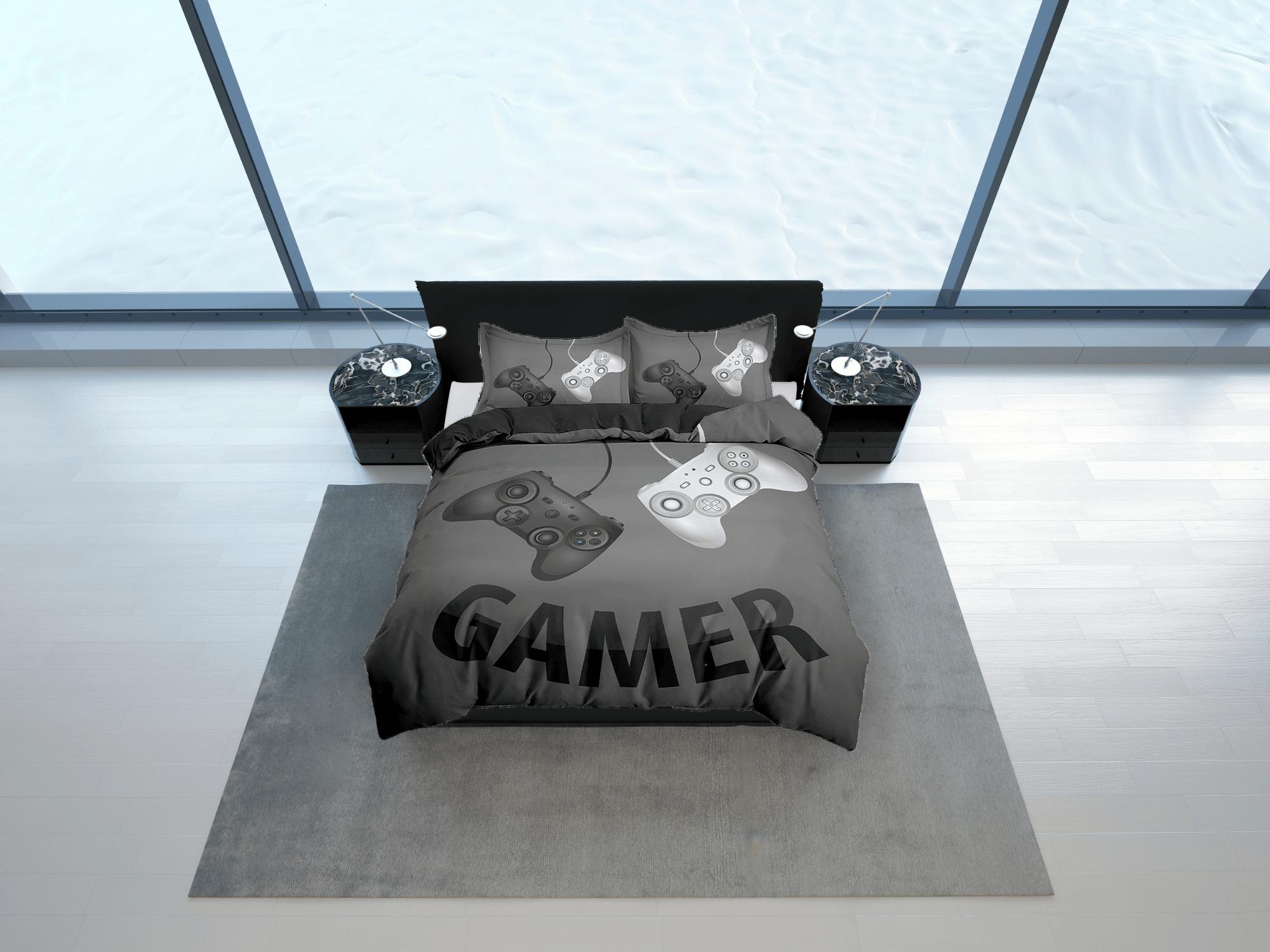 daintyduvet Gamer bedding dark grey duvet cover, video gamer boyfriend gift bedding set full king queen twin, boys bedroom, college dorm bedding