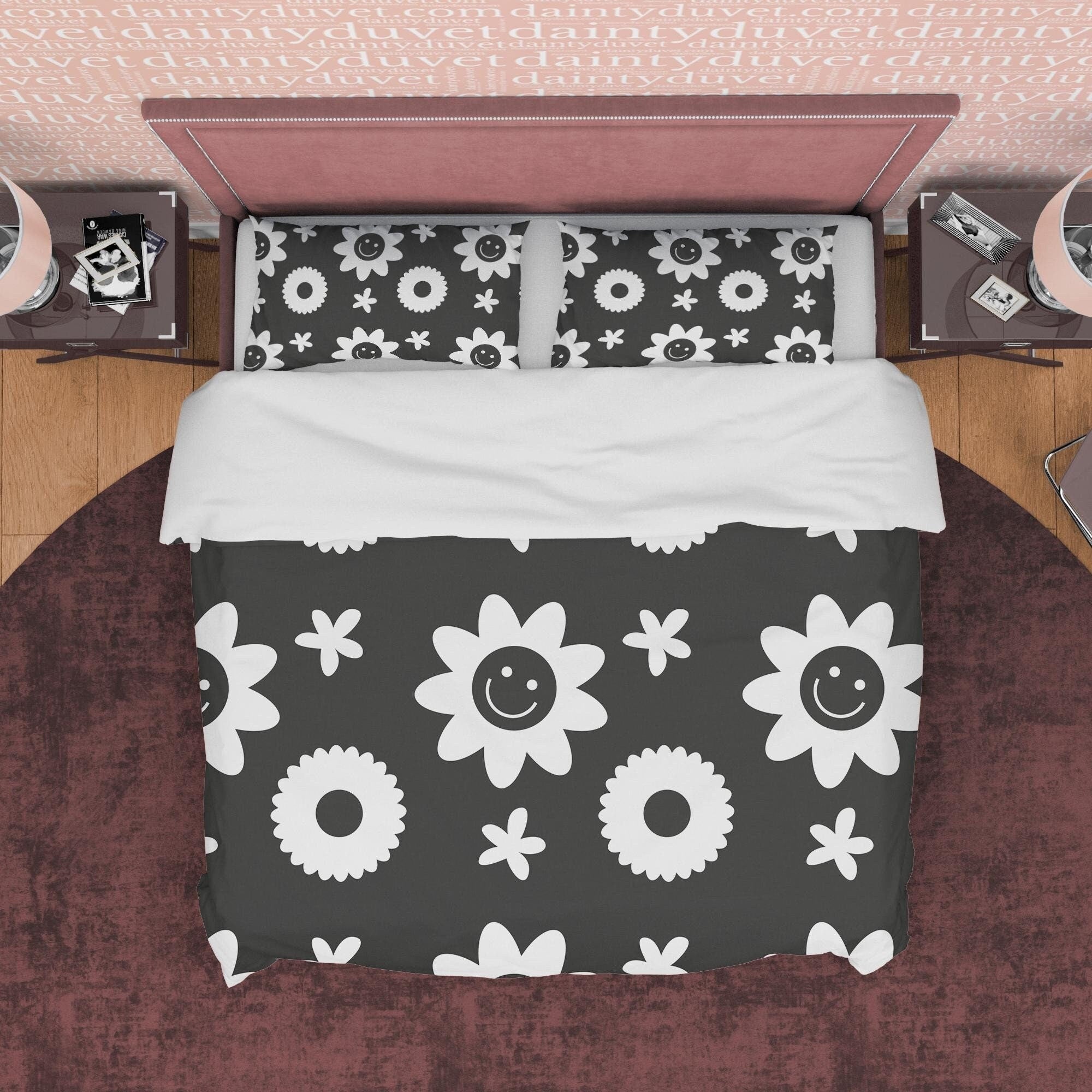 Geometric Simple Quilt Cover Black and White Duvet Cover Set, Smiley Flower Blanket Cover Floral Unique Bedspread, Retro Printed Bedding Set