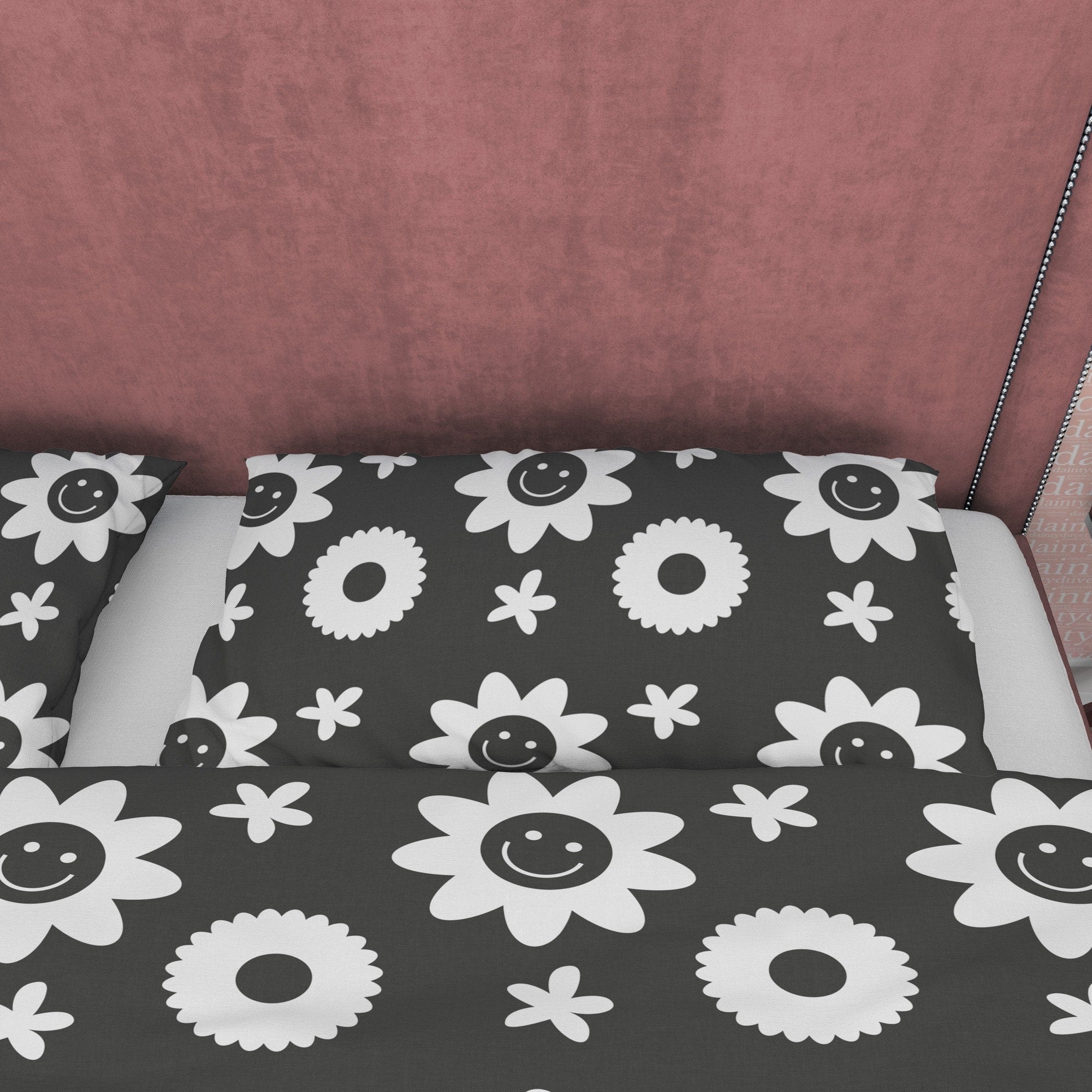 Geometric Simple Quilt Cover Black and White Duvet Cover Set, Smiley Flower Blanket Cover Floral Unique Bedspread, Retro Printed Bedding Set
