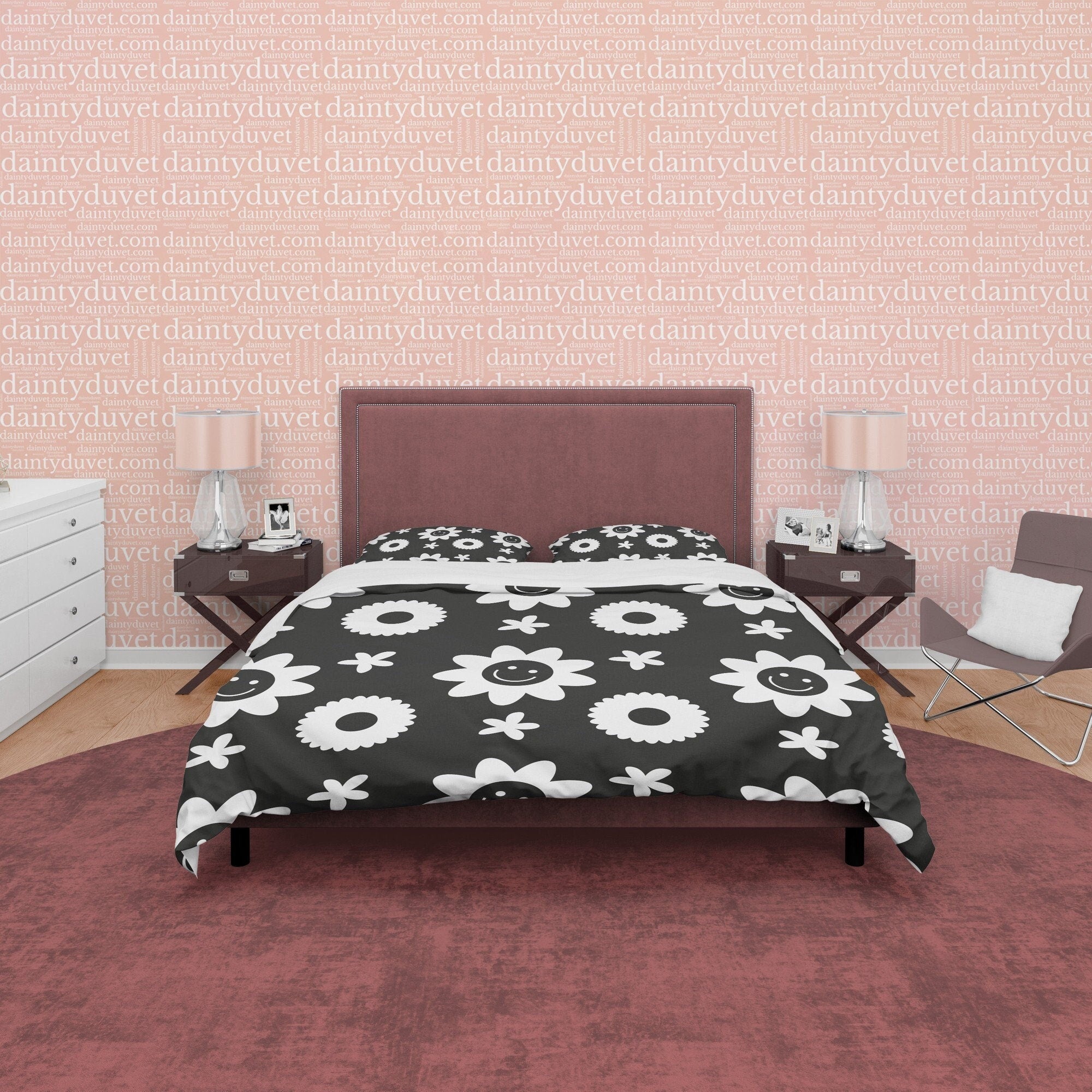 Geometric Simple Quilt Cover Black and White Duvet Cover Set, Smiley Flower Blanket Cover Floral Unique Bedspread, Retro Printed Bedding Set