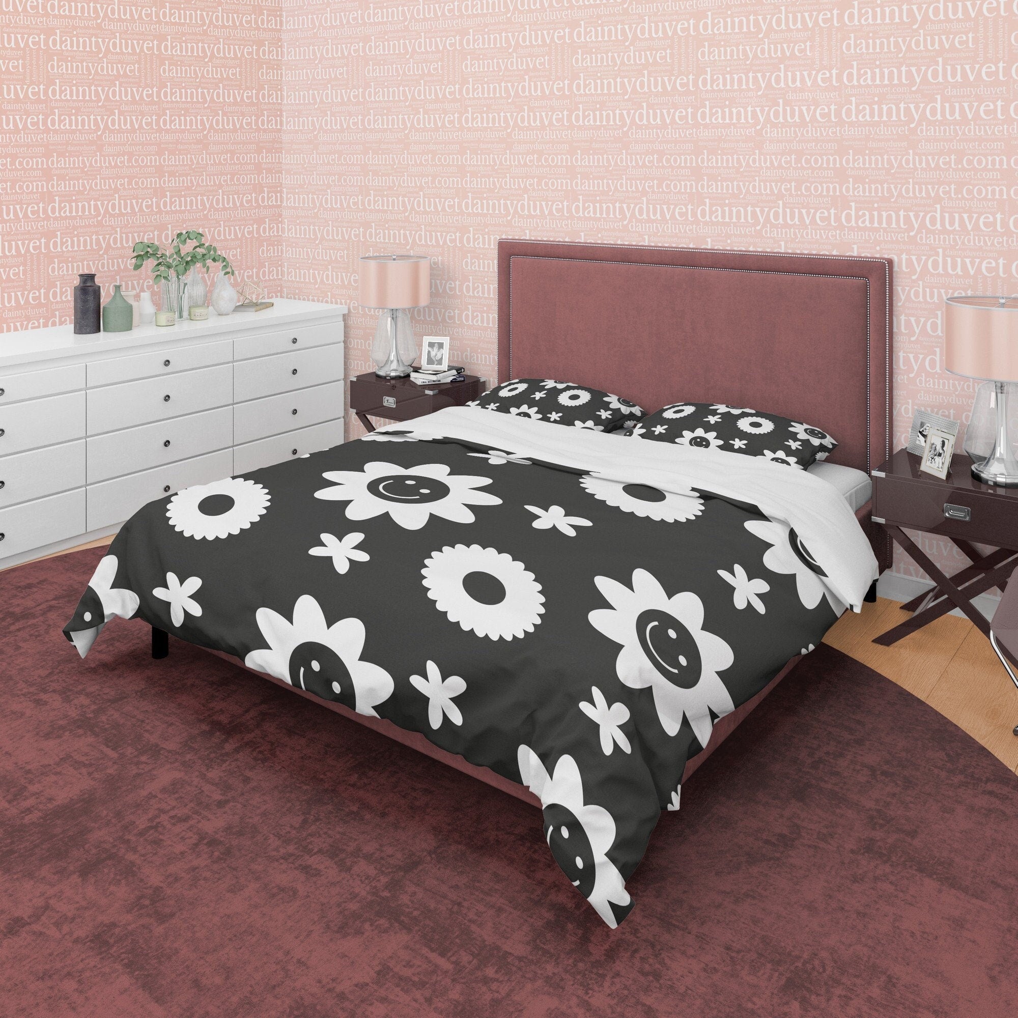 Geometric Simple Quilt Cover Black and White Duvet Cover Set, Smiley Flower Blanket Cover Floral Unique Bedspread, Retro Printed Bedding Set
