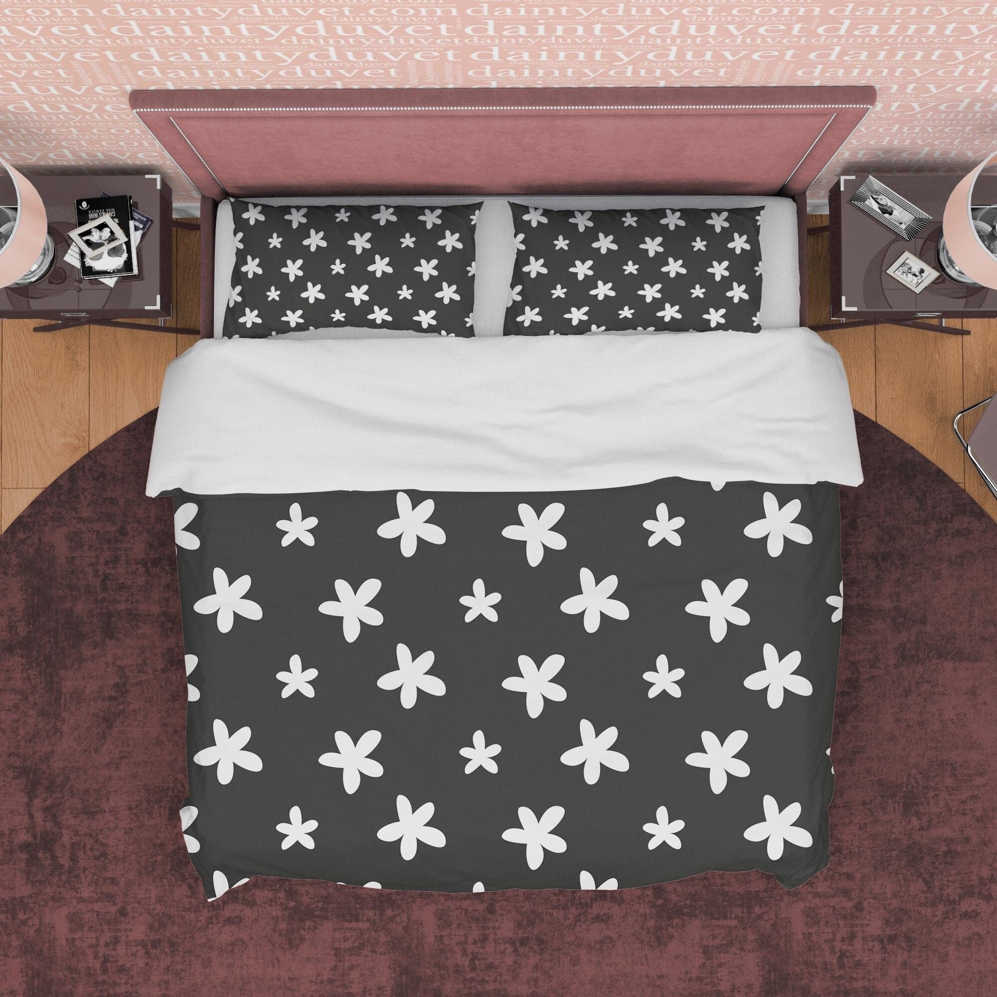 Geometric Star Like Flower Duvet Cover Black and White Bedspread, Retro Printed Bedding Set, 90s Nostalgia Quilt Cover, Groovy Blanket Cover