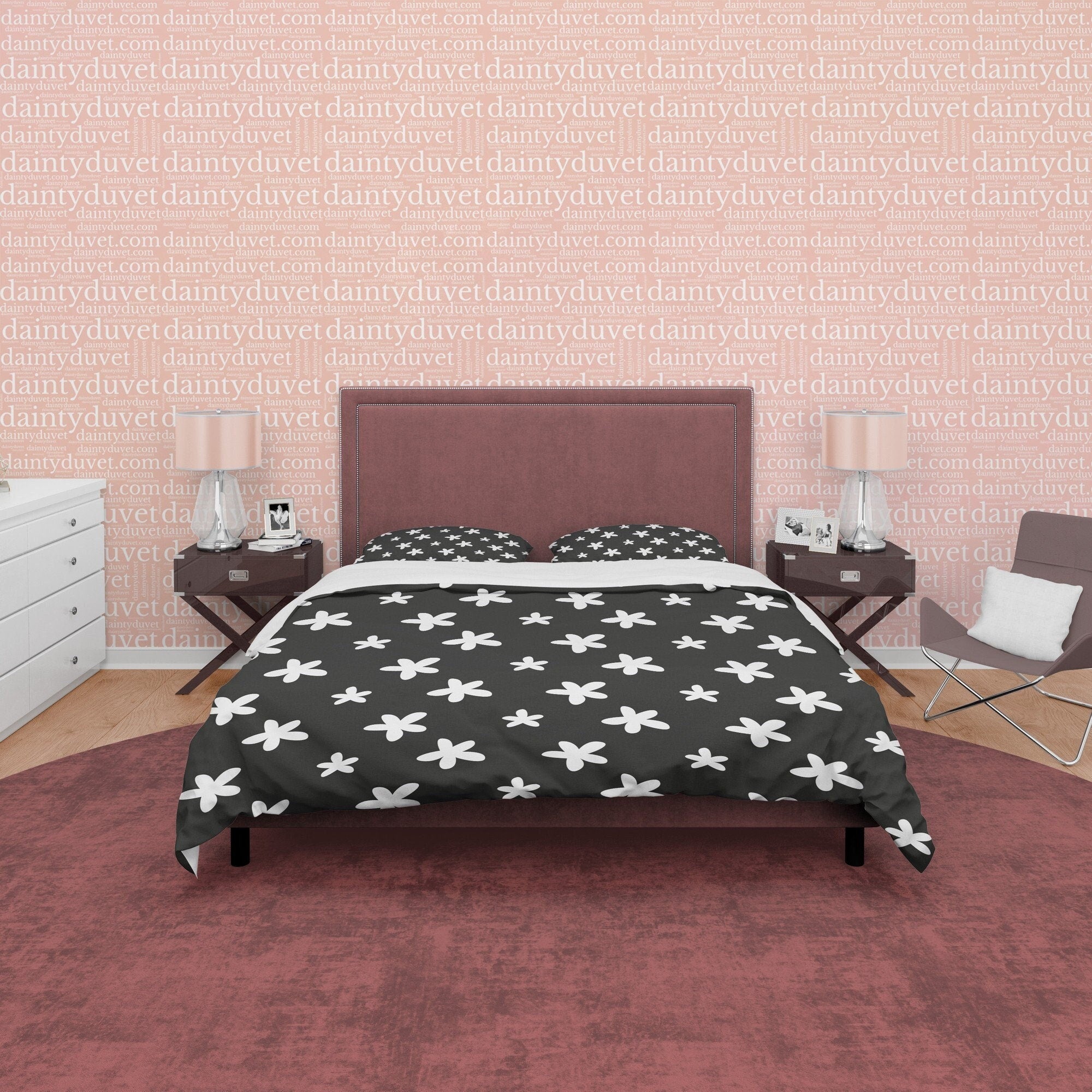 Geometric Star Like Flower Duvet Cover Black and White Bedspread, Retro Printed Bedding Set, 90s Nostalgia Quilt Cover, Groovy Blanket Cover