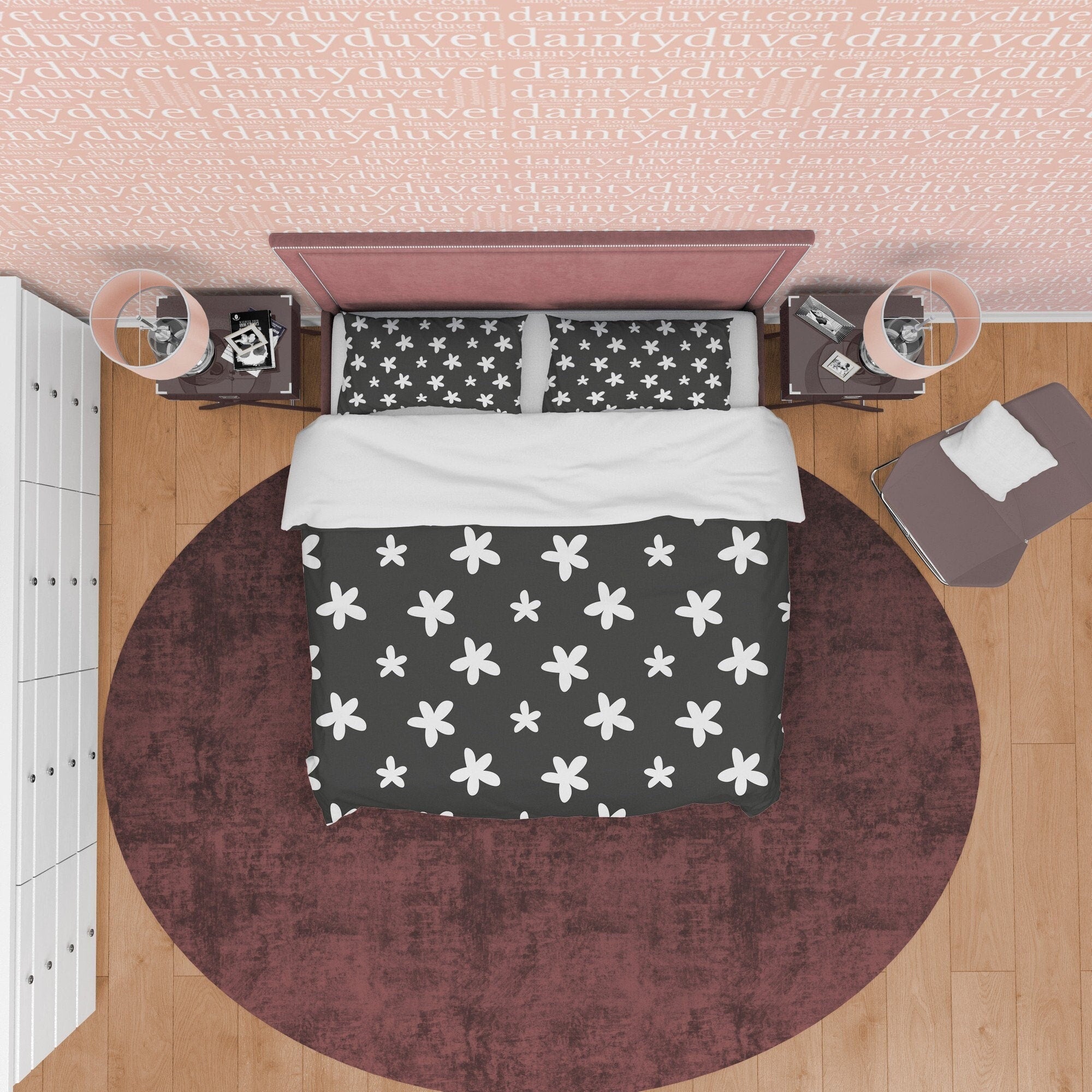 Geometric Star Like Flower Duvet Cover Black and White Bedspread, Retro Printed Bedding Set, 90s Nostalgia Quilt Cover, Groovy Blanket Cover