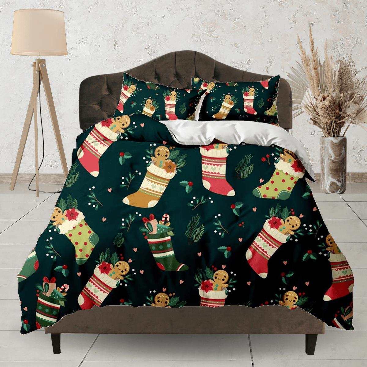 daintyduvet Gingerbread in Santa Claus Socks Christmas bedding & pillowcase holiday gift duvet cover king queen toddler bedding baby Christmas farmhouse