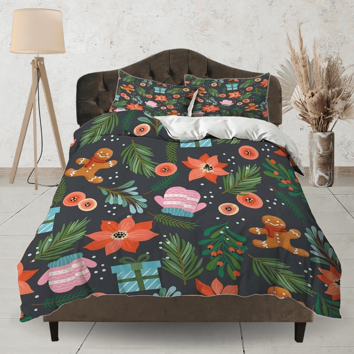 daintyduvet Gingerbread Poinsettia Christmas bedding & pillowcase holiday gift duvet cover king queen full twin toddler bedding baby Christmas farmhouse