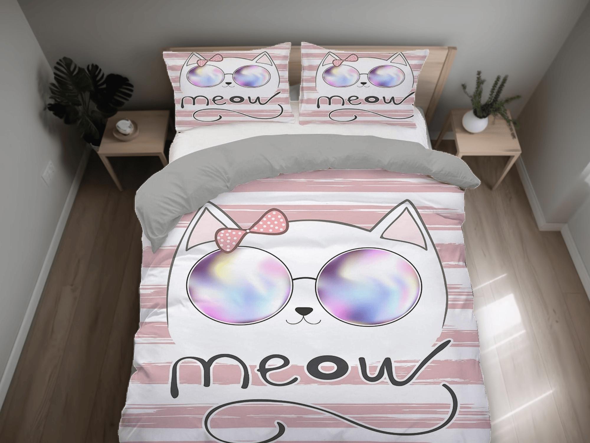 daintyduvet Girly cool cat bedding, toddler bedding, kids duvet cover set, gift for cat lovers, baby bedding, baby shower gift, pink bedding