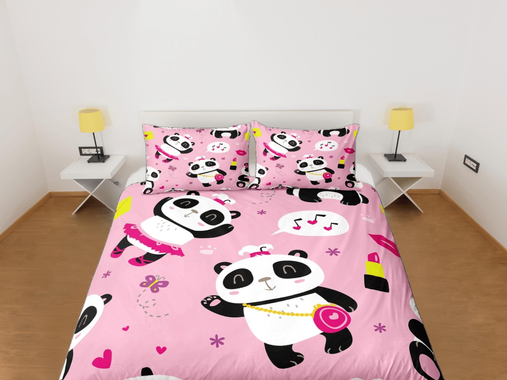 daintyduvet Girly panda pink duvet cover for kids, bedding set full, king, queen, dorm bedding, toddler bedding, aesthetic bedspread, panda lovers gift