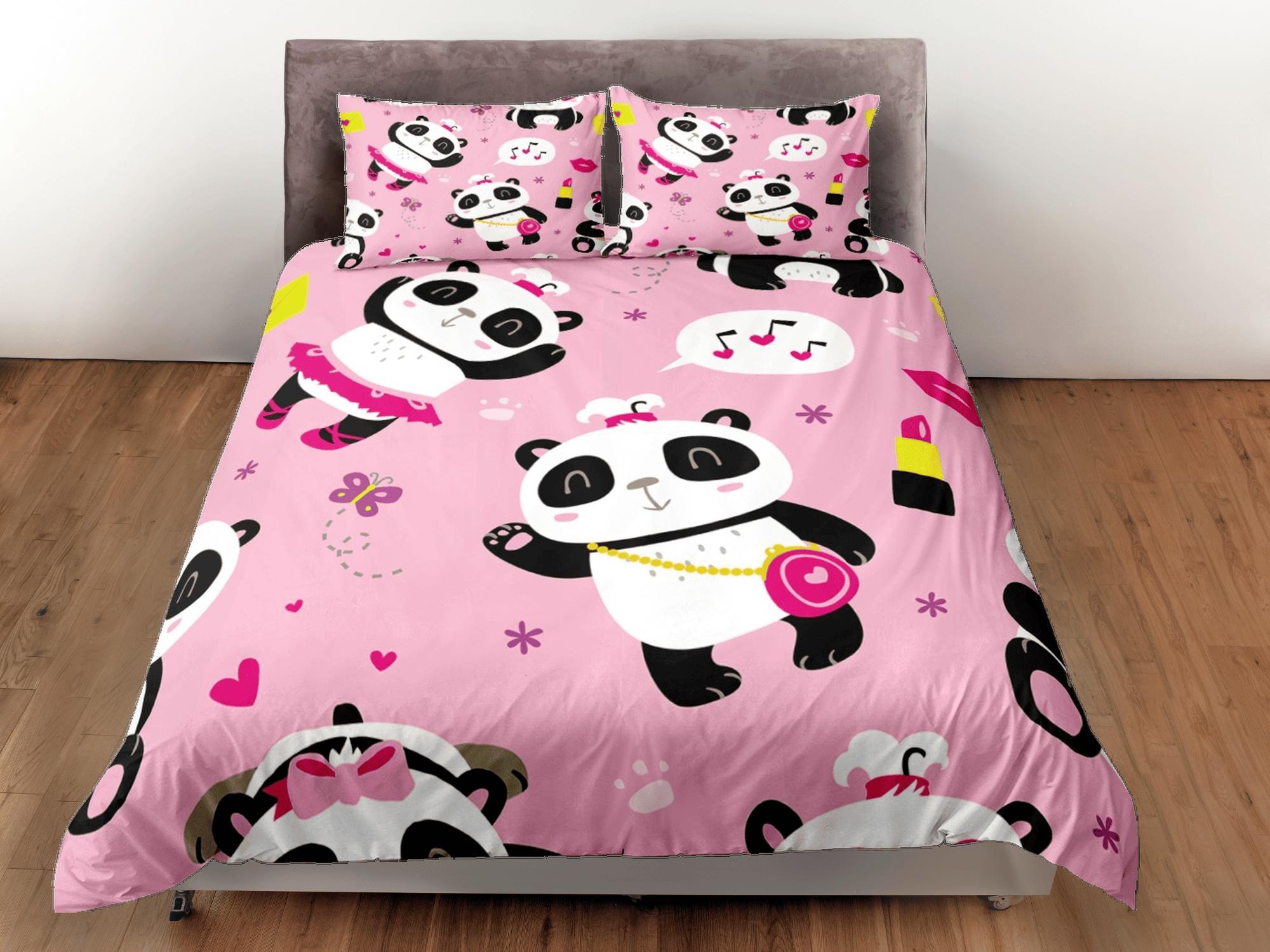 daintyduvet Girly panda pink duvet cover for kids, bedding set full, king, queen, dorm bedding, toddler bedding, aesthetic bedspread, panda lovers gift
