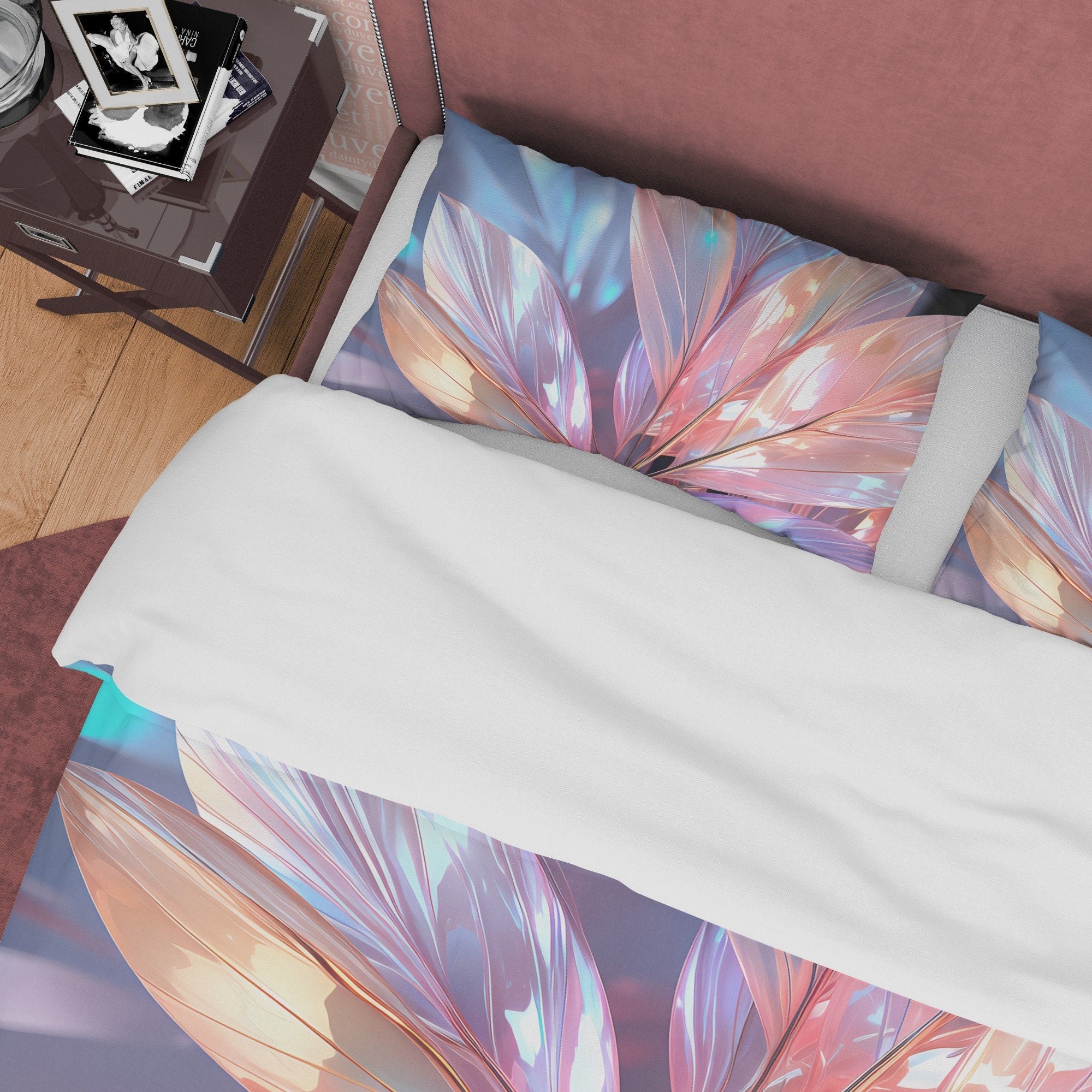 Glass Leaf Shiny Colorful Bedding Set Boho Duvet Cover, Holographic Plant Quilt Cover, Moonstone Inspired Bedspread, Galaxy Opal Bed Cover