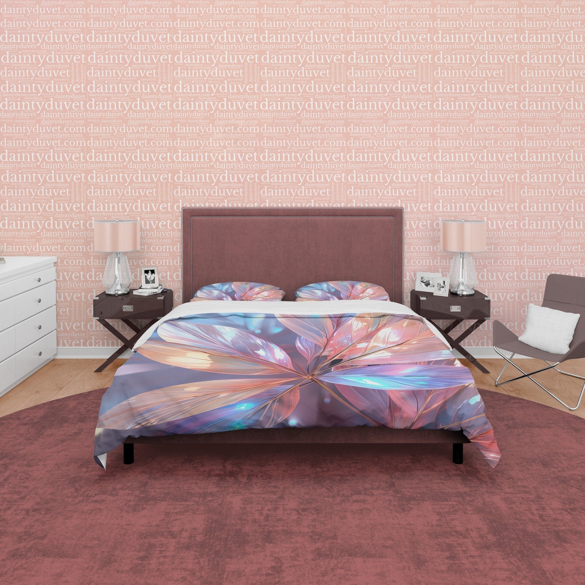 Glass Leaf Shiny Colorful Bedding Set Boho Duvet Cover, Holographic Plant Quilt Cover, Moonstone Inspired Bedspread, Galaxy Opal Bed Cover