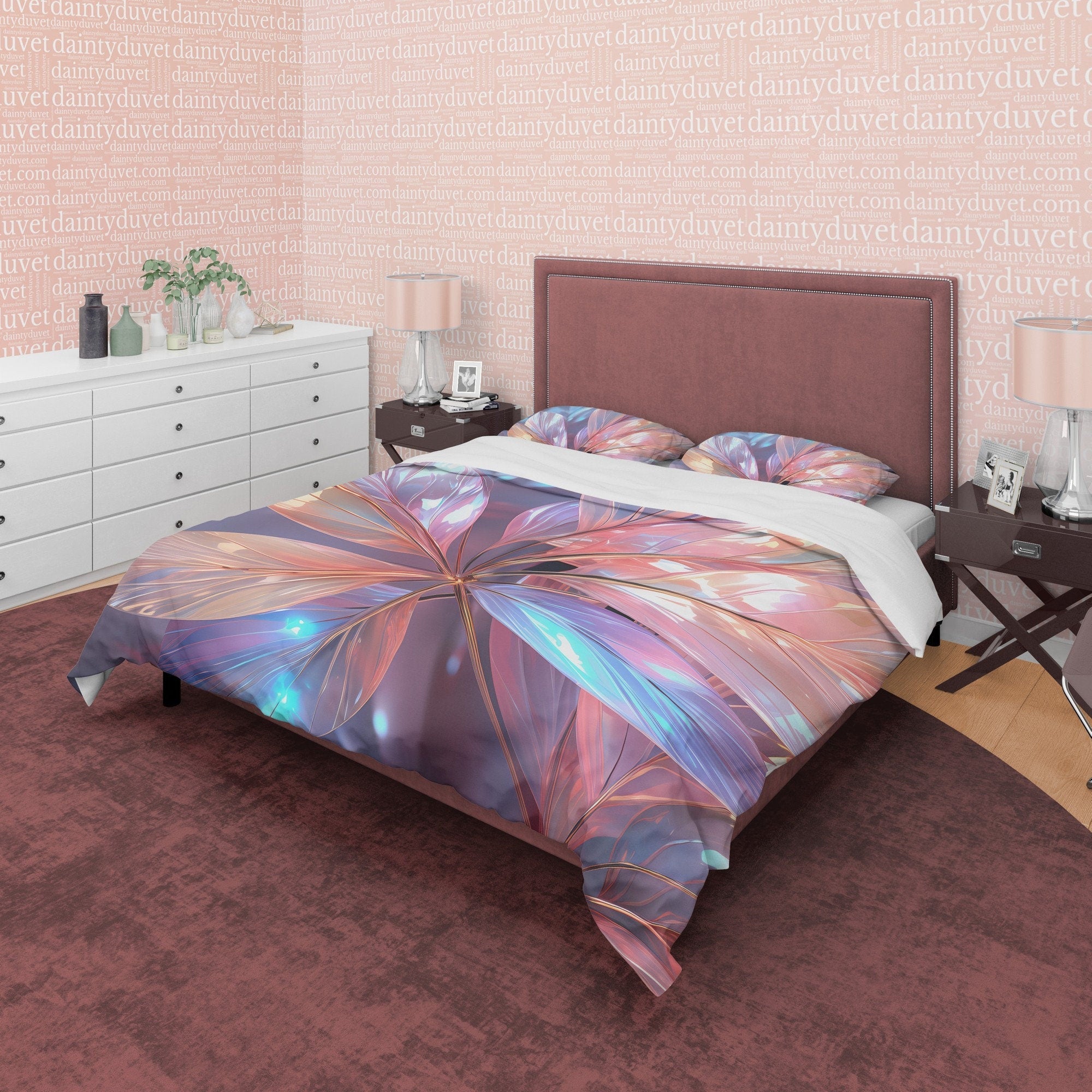 Glass Leaf Shiny Colorful Bedding Set Boho Duvet Cover, Holographic Plant Quilt Cover, Moonstone Inspired Bedspread, Galaxy Opal Bed Cover