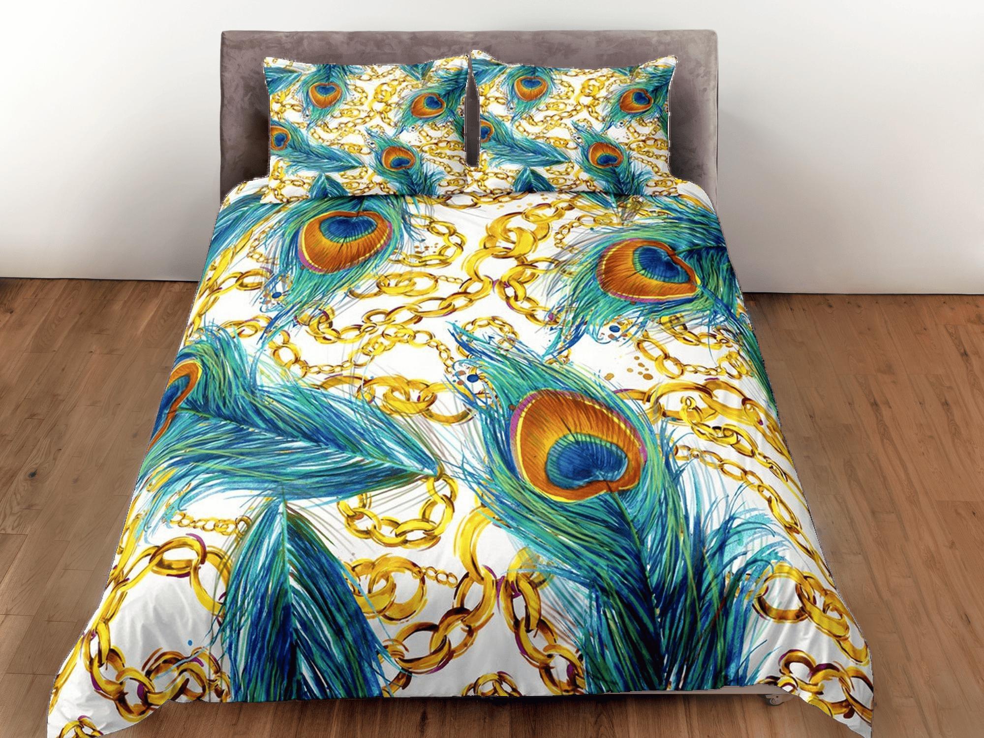 daintyduvet Gold chains and peacock decor aesthetic bedding set full, luxury duvet cover queen, king, boho duvet, designer bedding, maximalist bedspread