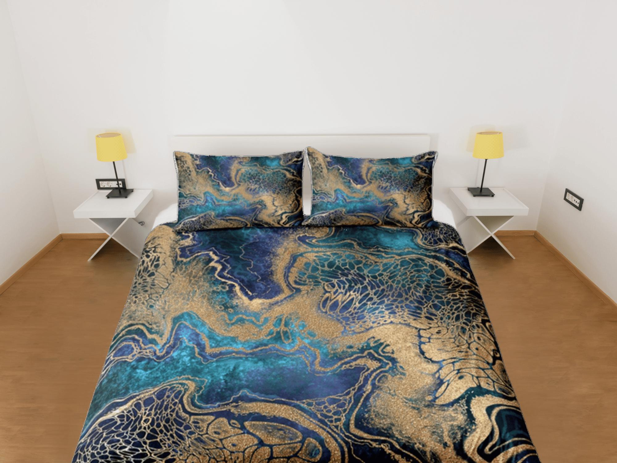 daintyduvet Gold Marble Swirl Blue Duvet Cover Set Colorful Bedspread, Dorm Bedding & Pillowcase, King Duvet Cover Full, Comforter Queen