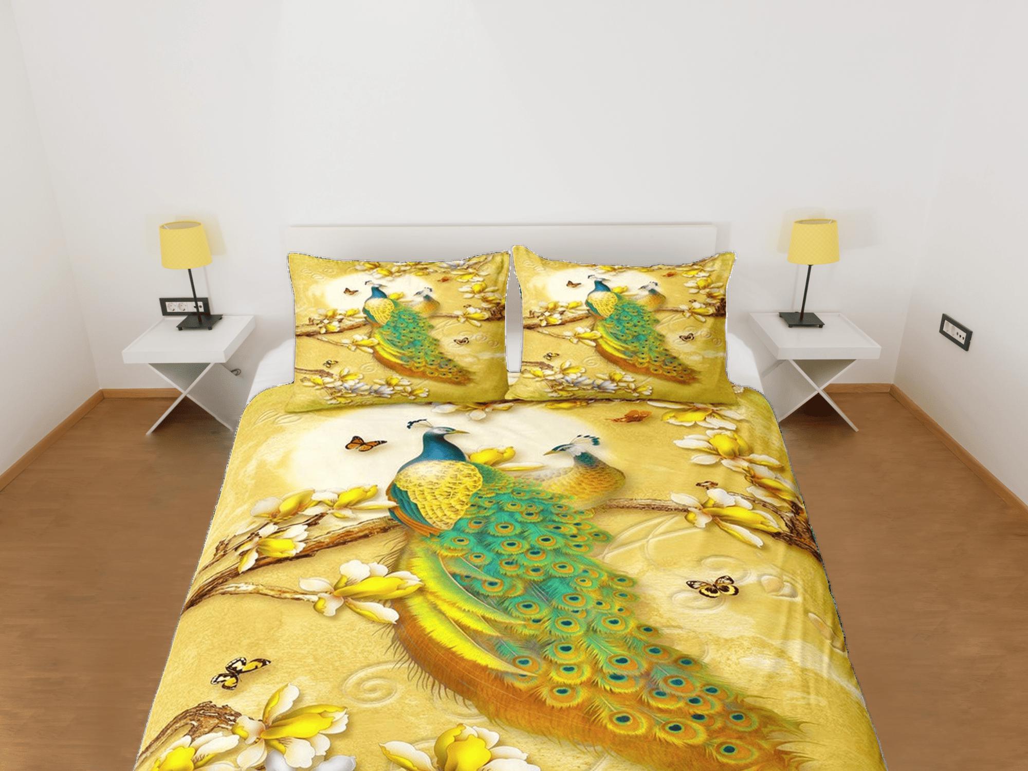 daintyduvet Golden bedding with peacock decor aesthetic duvet cover set full, luxury bedding set queen, king, boho duvet, designer bedding, maximalist