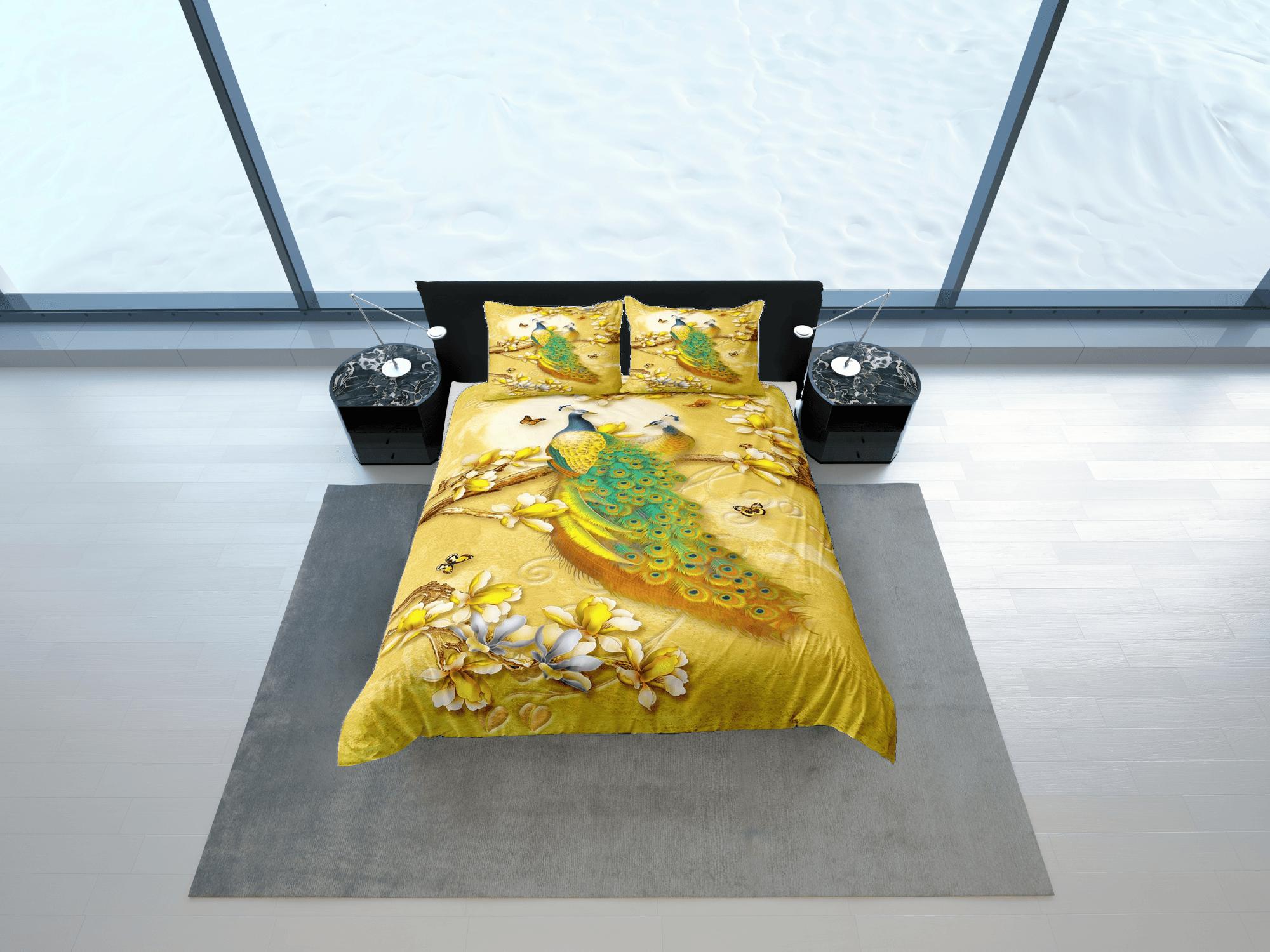 daintyduvet Golden bedding with peacock decor aesthetic duvet cover set full, luxury bedding set queen, king, boho duvet, designer bedding, maximalist