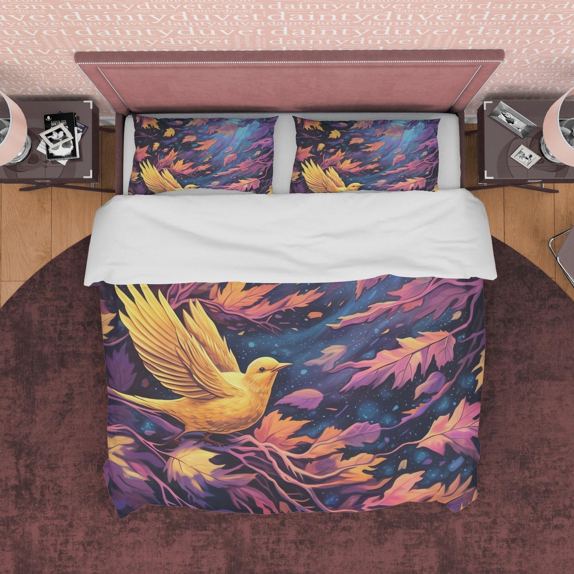 Golden Bird Fall Duvet Cover Falling Leaf Bedding Set, Warm Autumn Color Printed Quilt Cover, Foliage Bedspread, Windy Night Blanket Cover