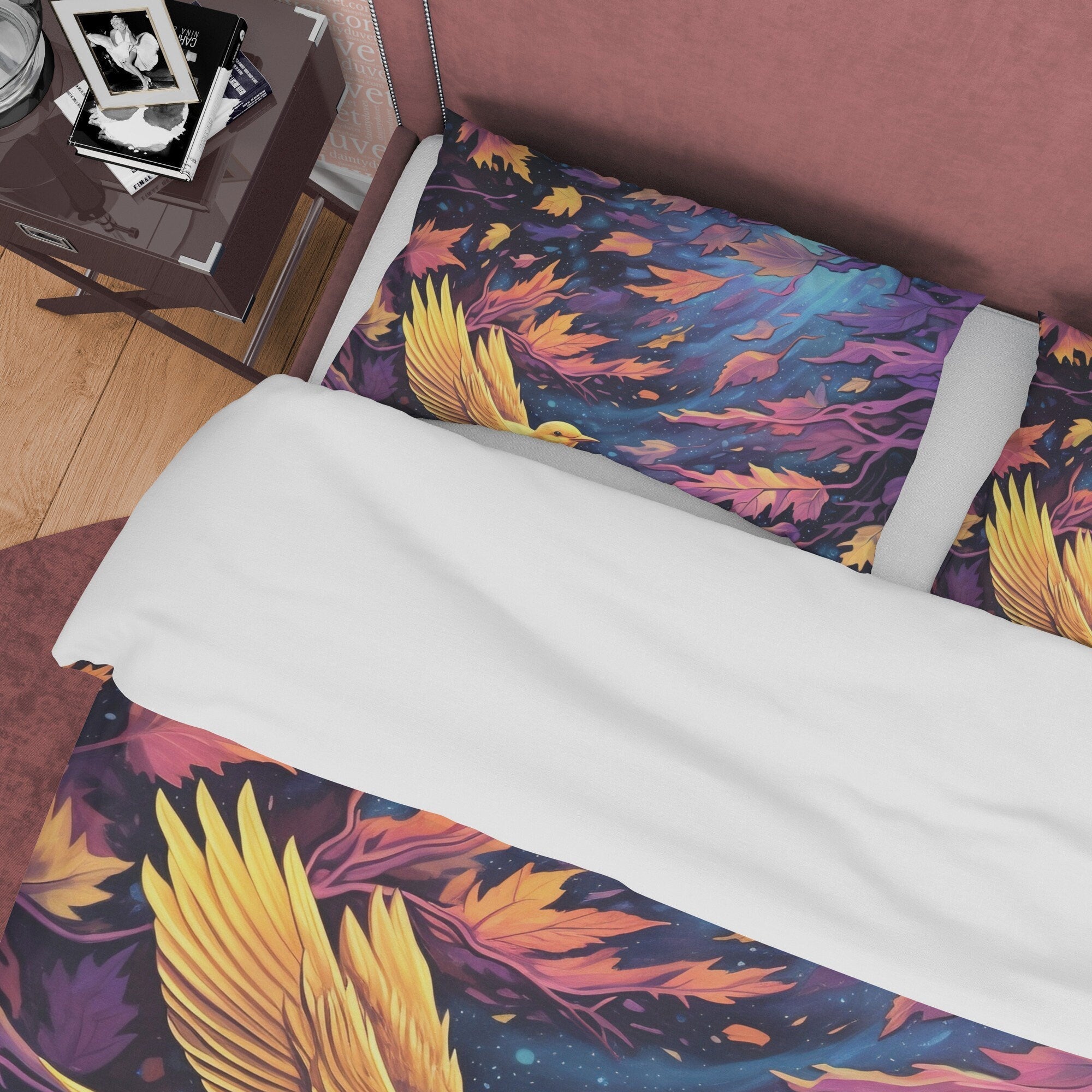 Golden Bird Fall Duvet Cover Falling Leaf Bedding Set, Warm Autumn Color Printed Quilt Cover, Foliage Bedspread, Windy Night Blanket Cover