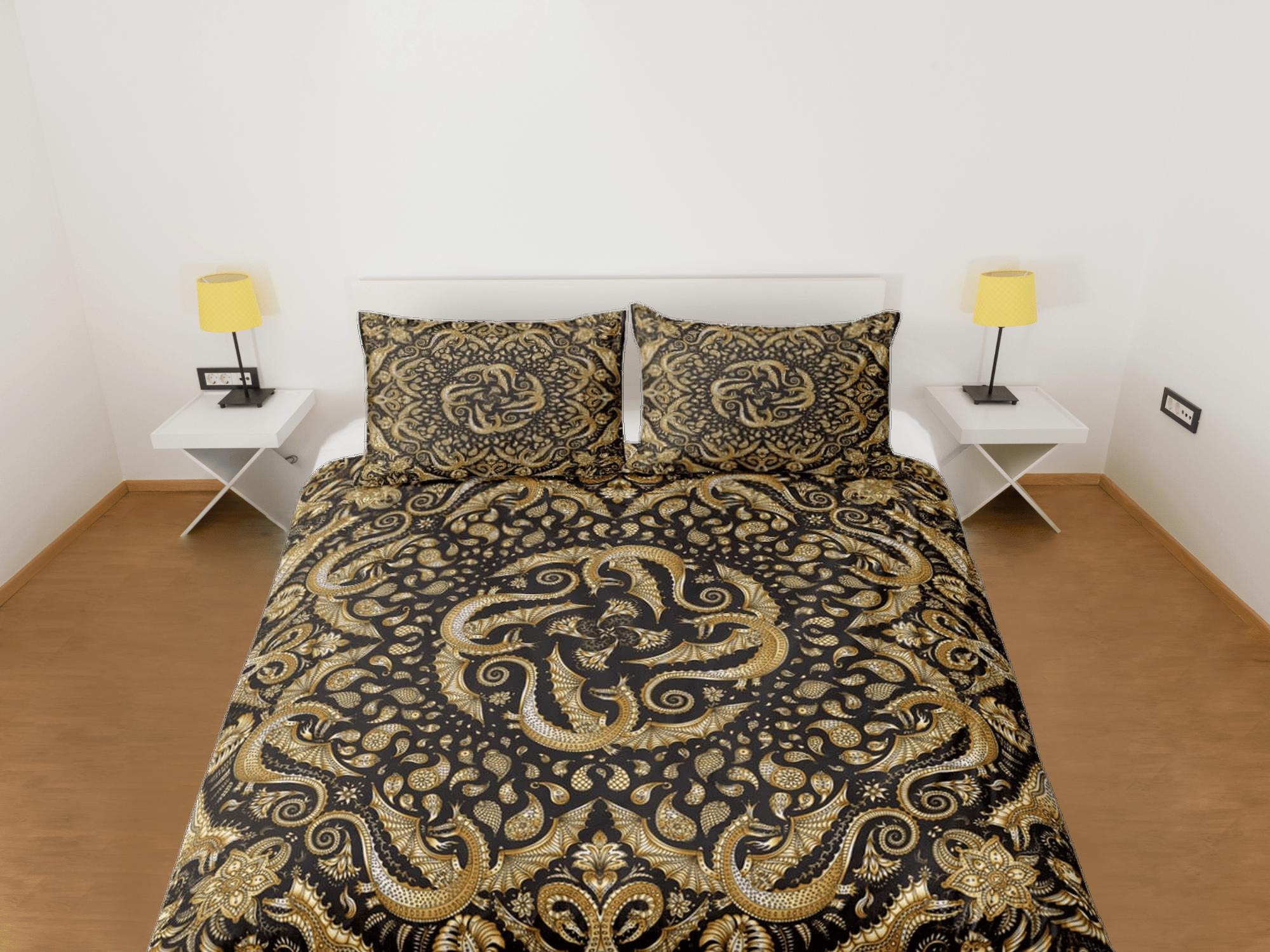 daintyduvet Golden dragon luxury duvet cover boho bedding set full, queen, king, dorm bedding, aesthetic room decor mandala bedspread maximalist decor