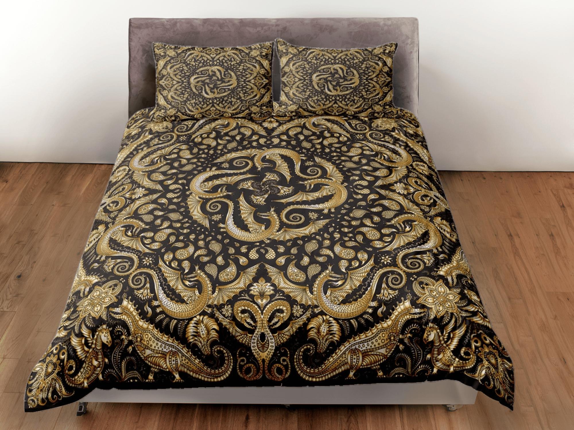 daintyduvet Golden dragon luxury duvet cover boho bedding set full, queen, king, dorm bedding, aesthetic room decor mandala bedspread maximalist decor