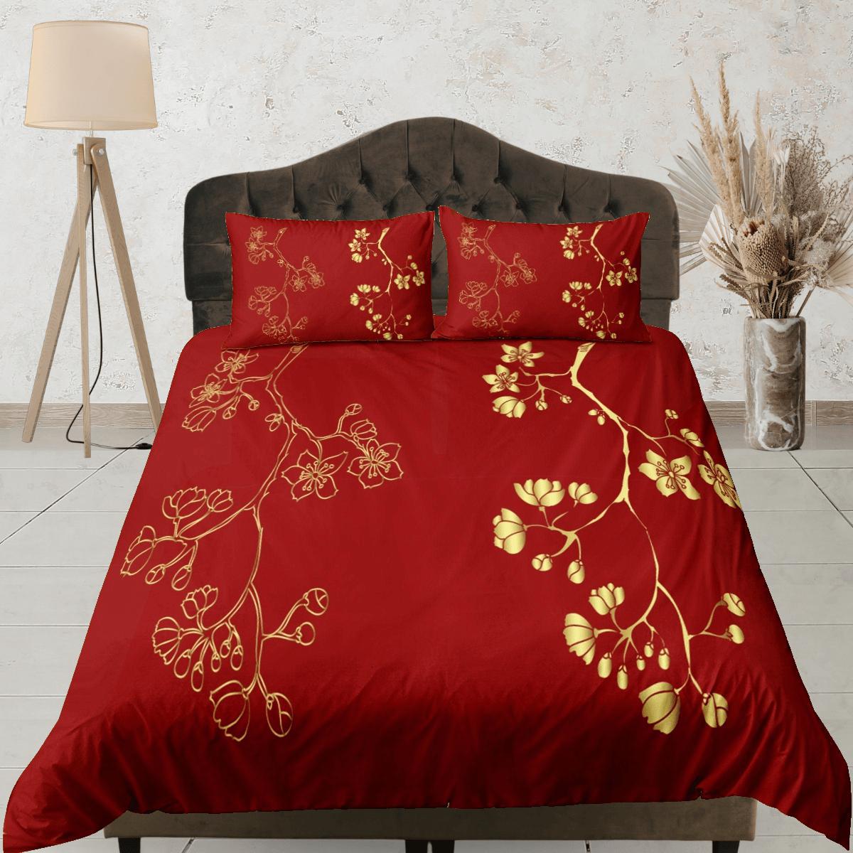 daintyduvet Golden Floral Red Duvet Cover Set Bedspread, Dorm Bedding with Pillowcase