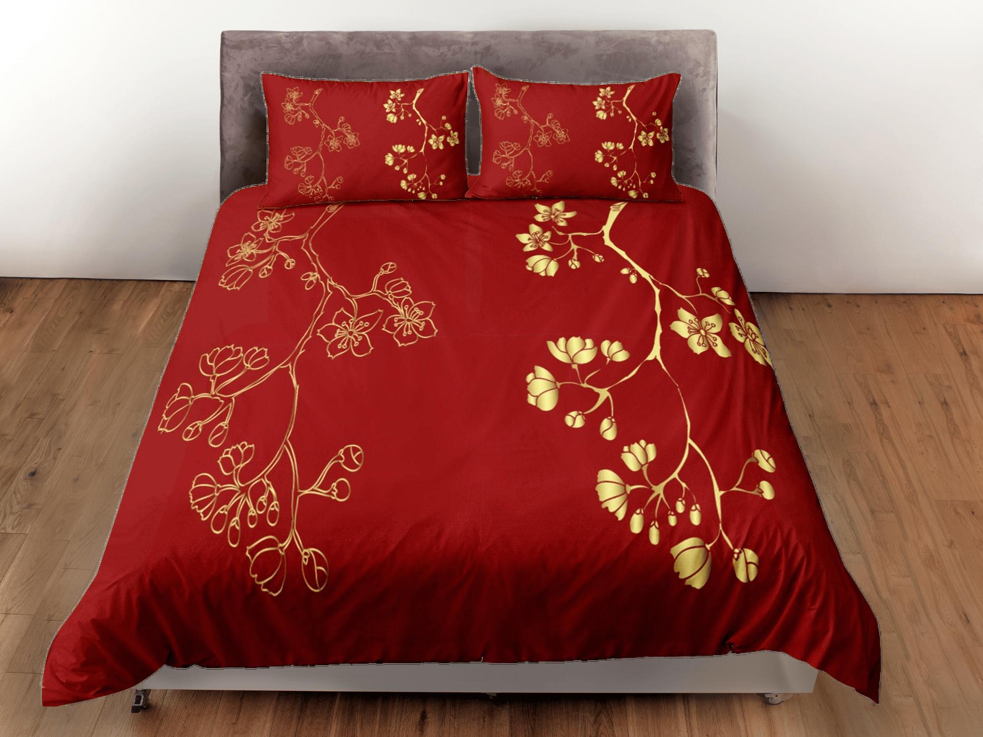 daintyduvet Golden Floral Red Duvet Cover Set Bedspread, Dorm Bedding with Pillowcase