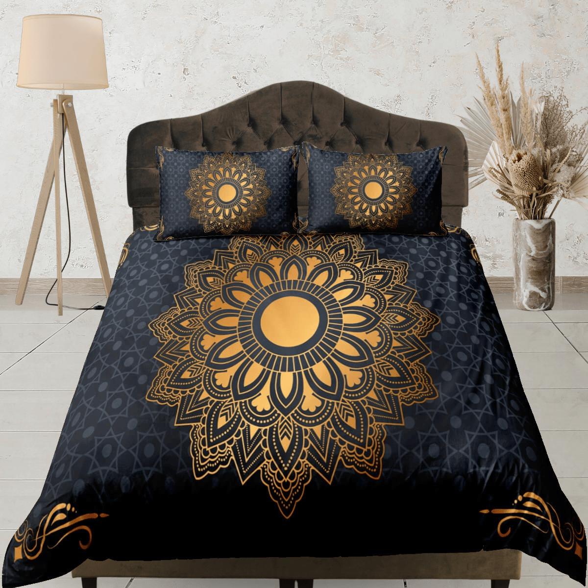 daintyduvet Golden lantern mandala black duvet cover boho bedding set full, queen, king, dorm bedding, aesthetic decor indian bedspread maximalist decor