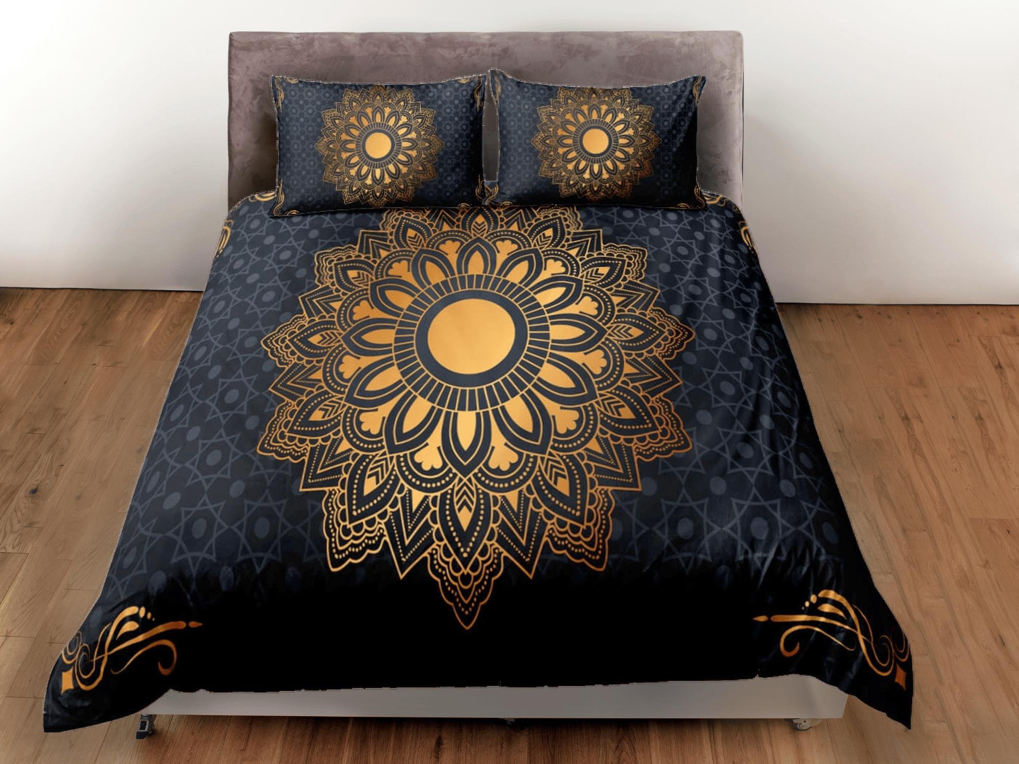 daintyduvet Golden lantern mandala black duvet cover boho bedding set full, queen, king, dorm bedding, aesthetic decor indian bedspread maximalist decor