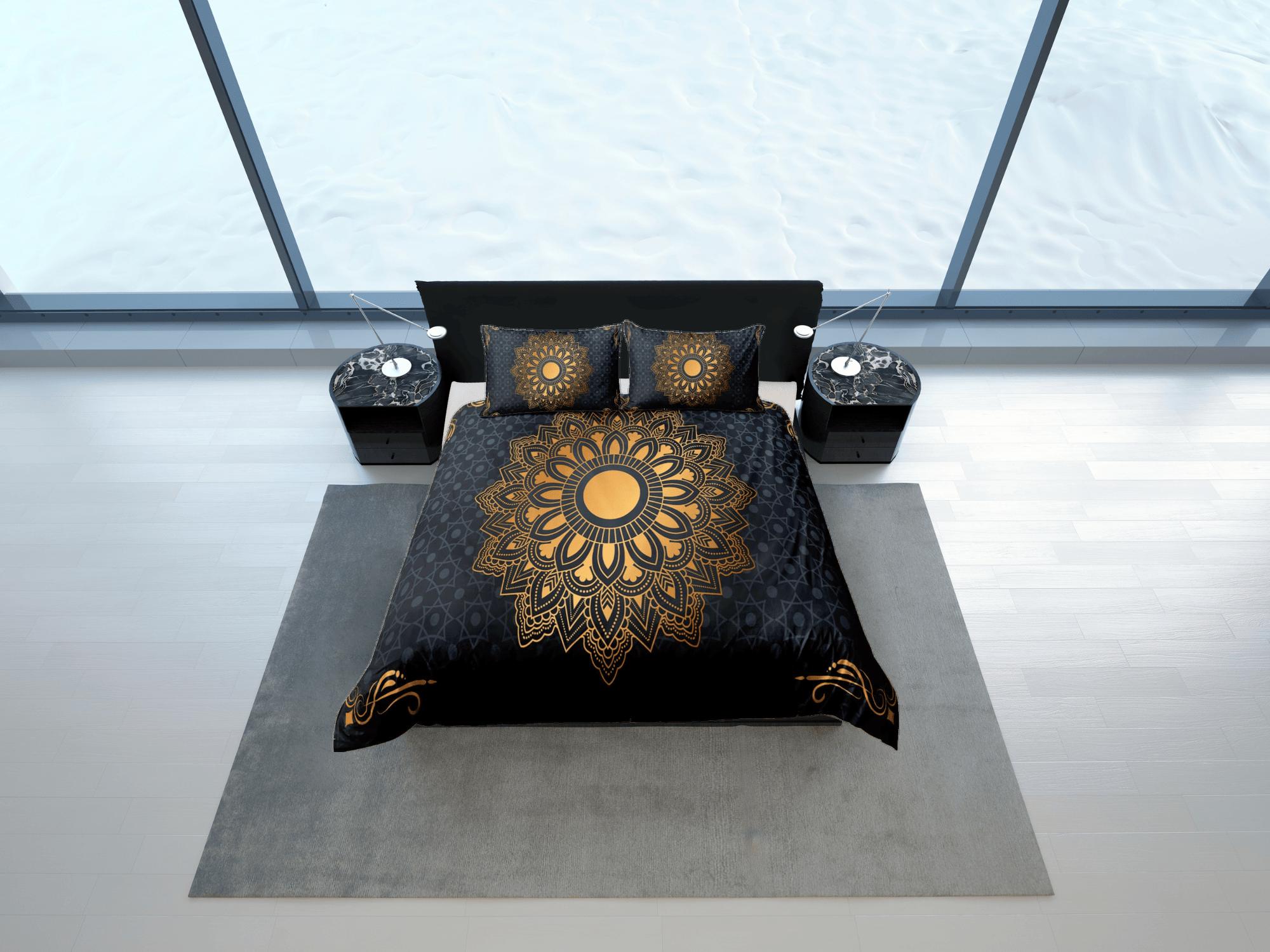 daintyduvet Golden lantern mandala black duvet cover boho bedding set full, queen, king, dorm bedding, aesthetic decor indian bedspread maximalist decor