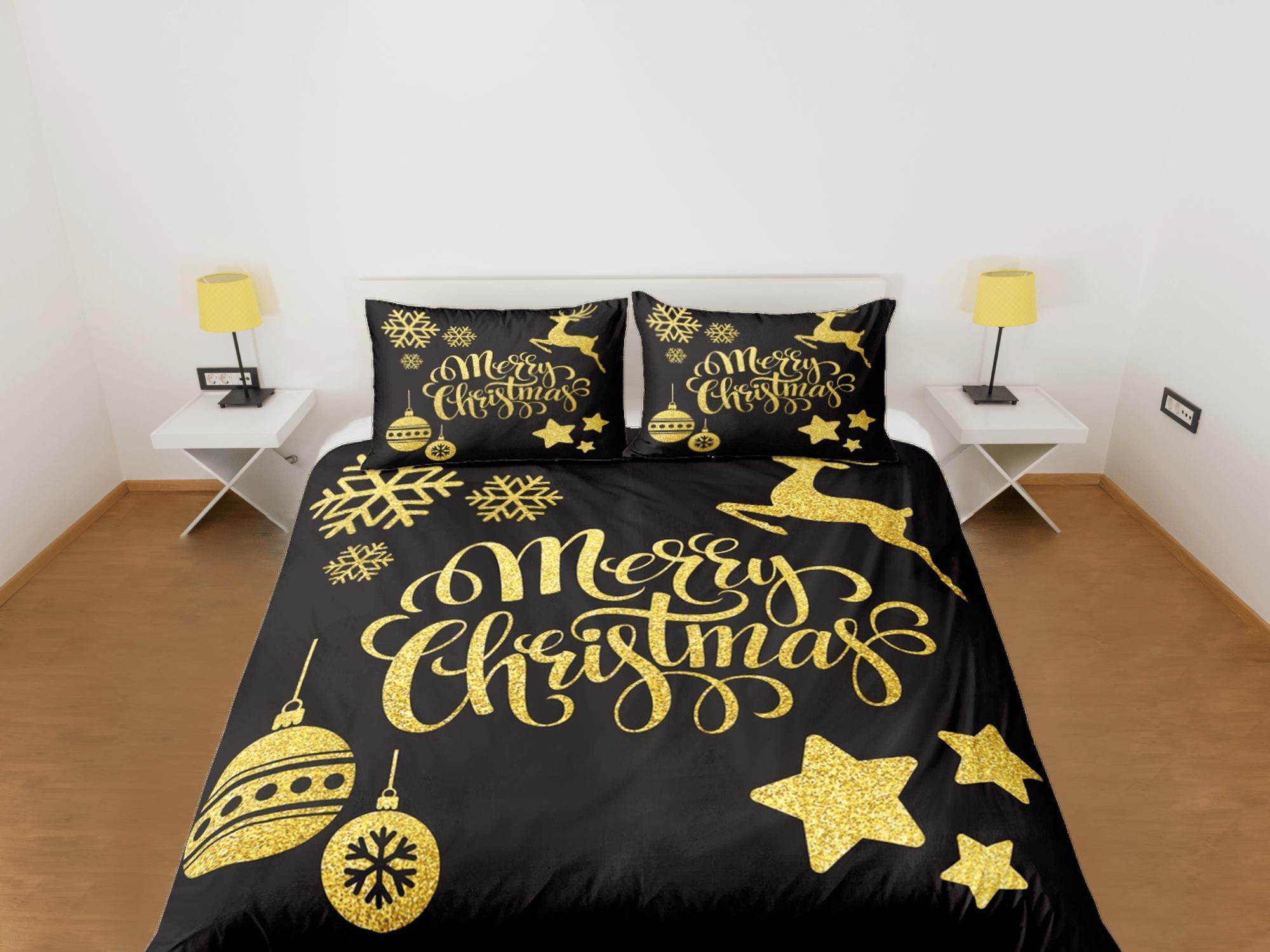 daintyduvet Golden Merry Christmas bedding & pillowcase holiday gift black duvet cover king queen twin toddler bedding baby Christmas farmhouse decor